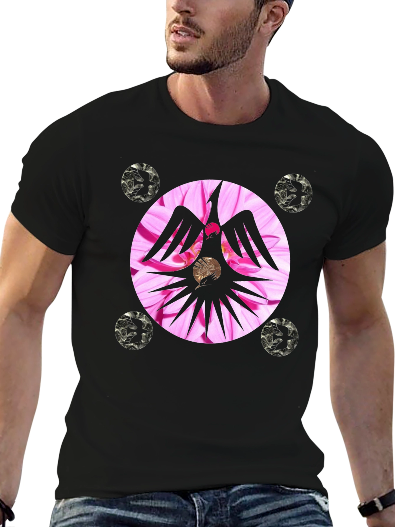 Unique Graphic Tee with Floral Phoenix Design