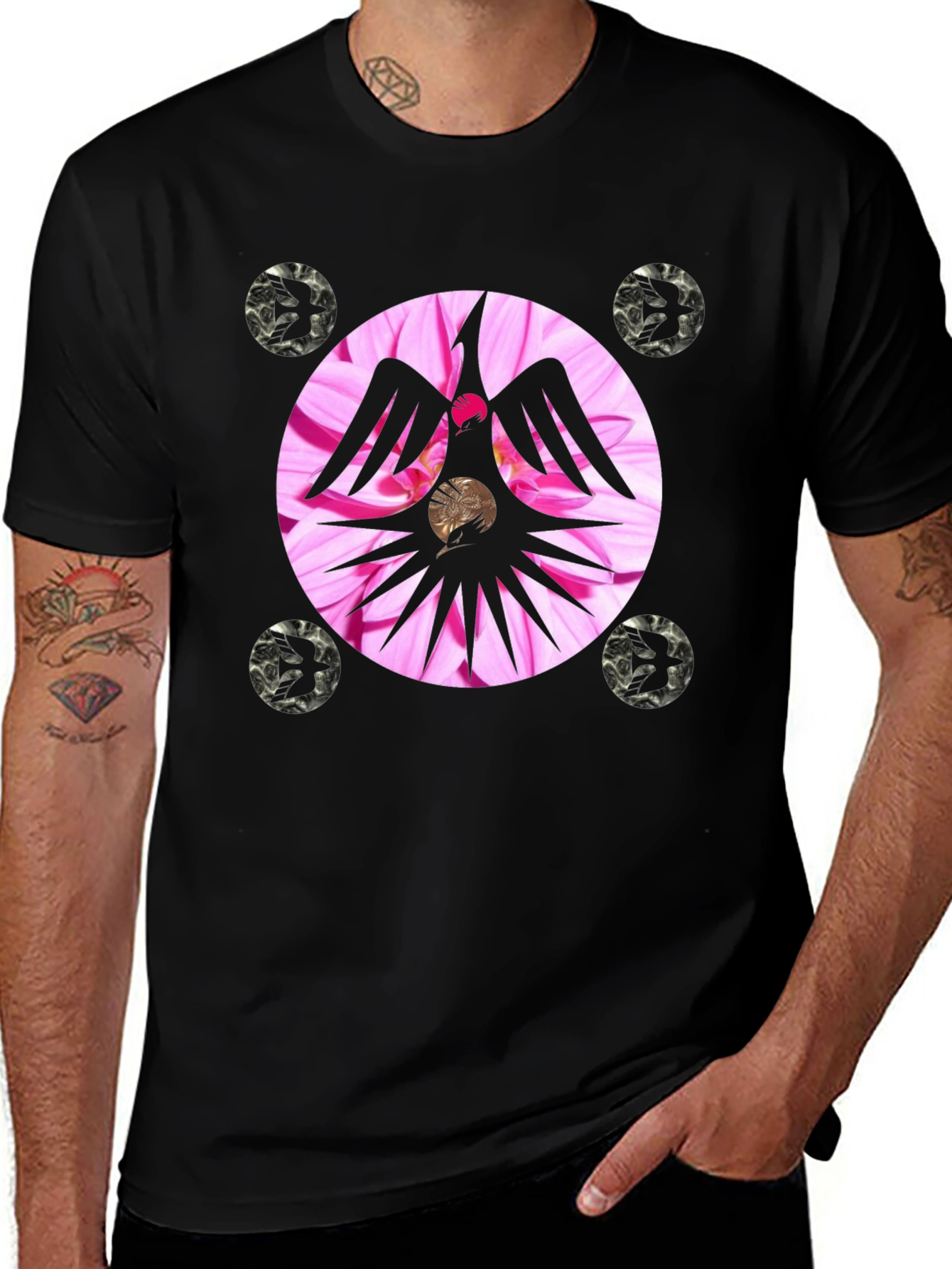 Unique Graphic Tee with Floral Phoenix Design