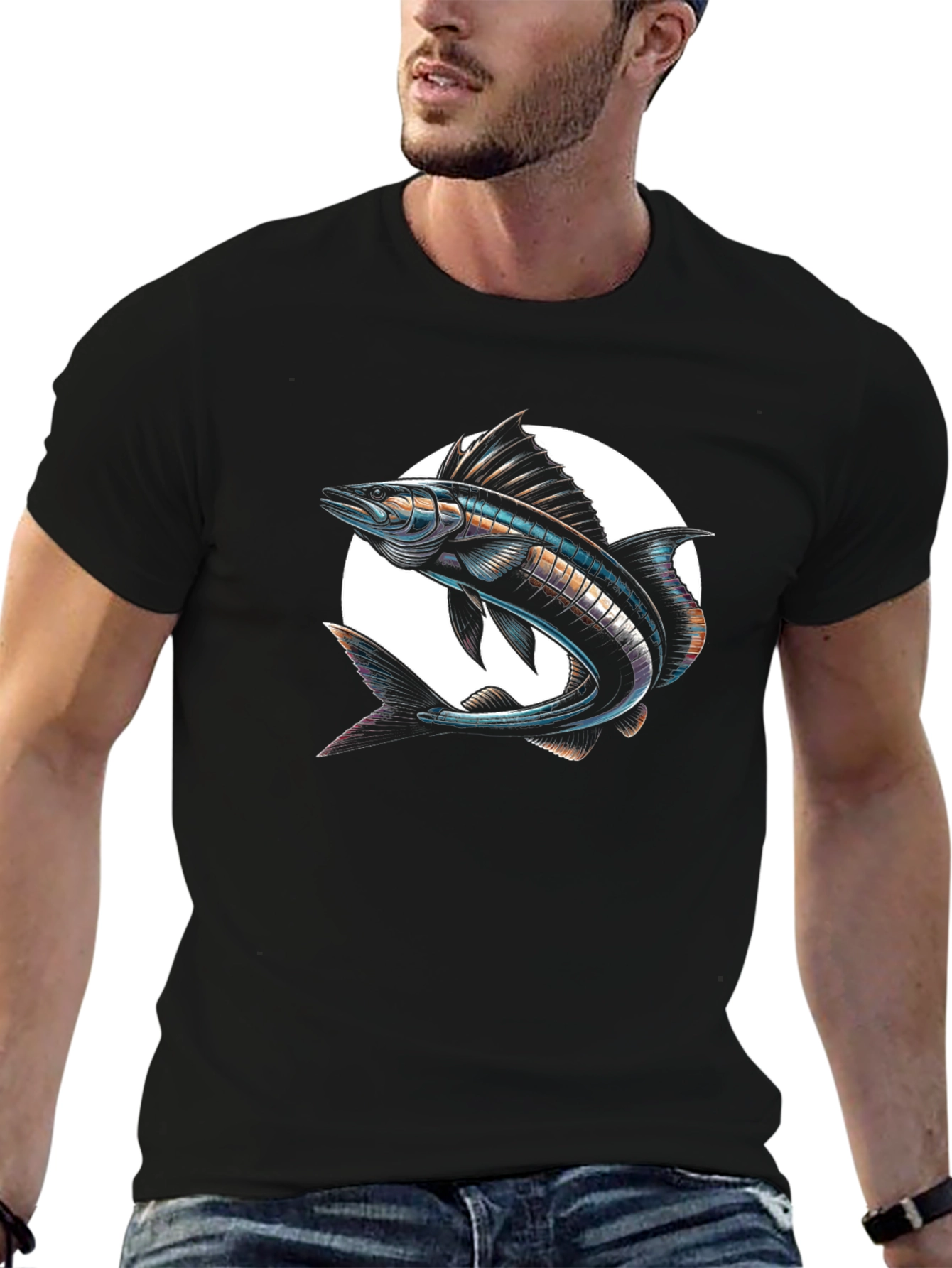 Stylish Fish Graphic Black T-Shirt