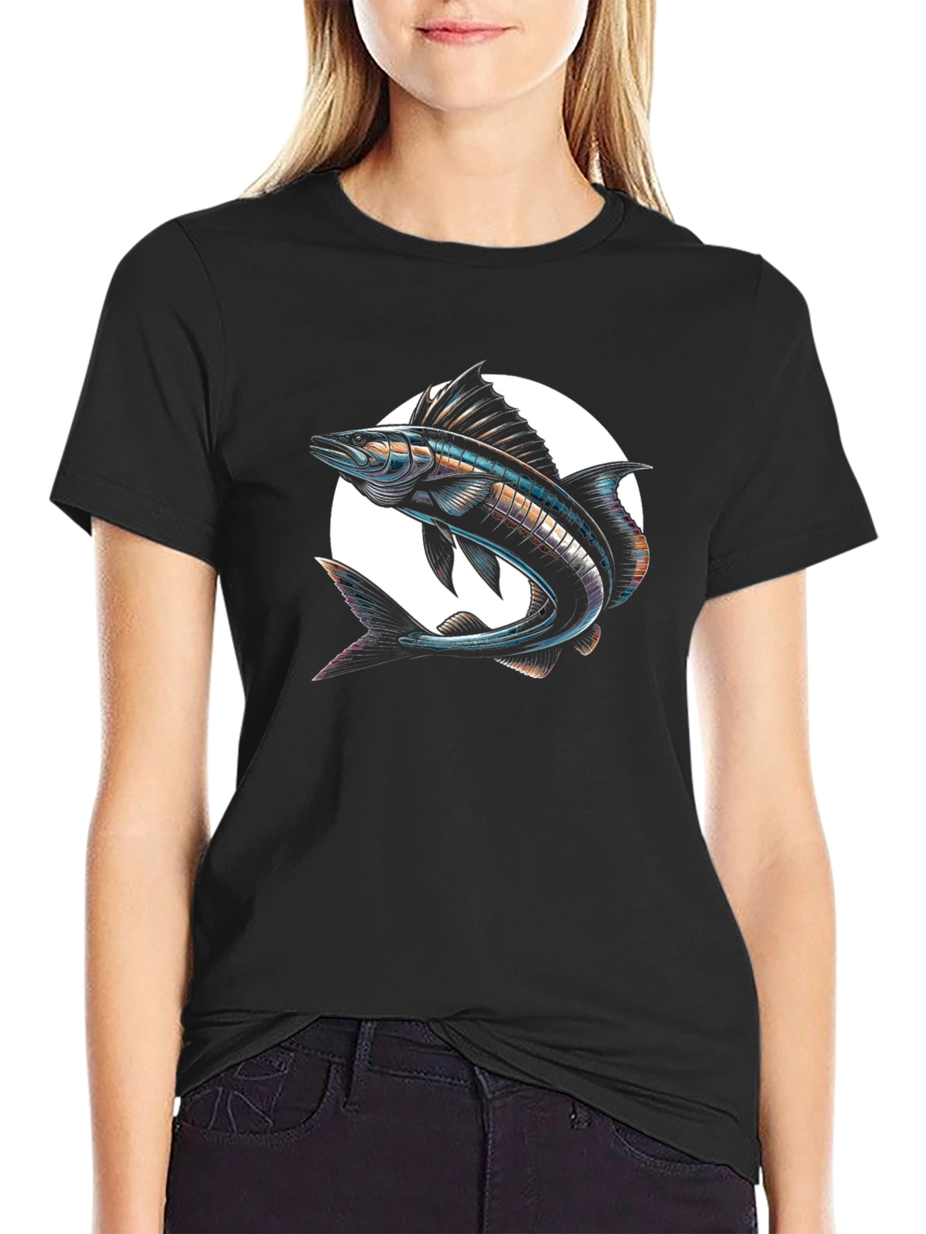 Stylish Fish Graphic Black T-Shirt