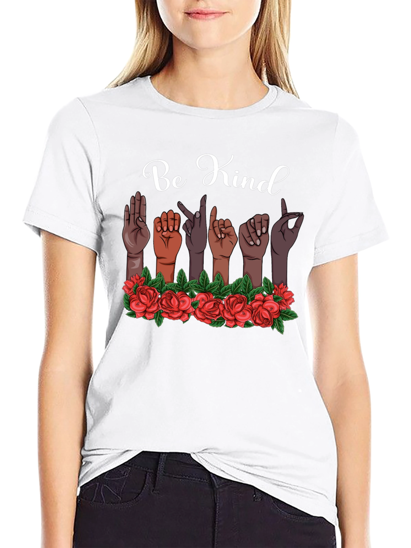 Be Kind T-Shirt Sign Language Design Floral Accent
