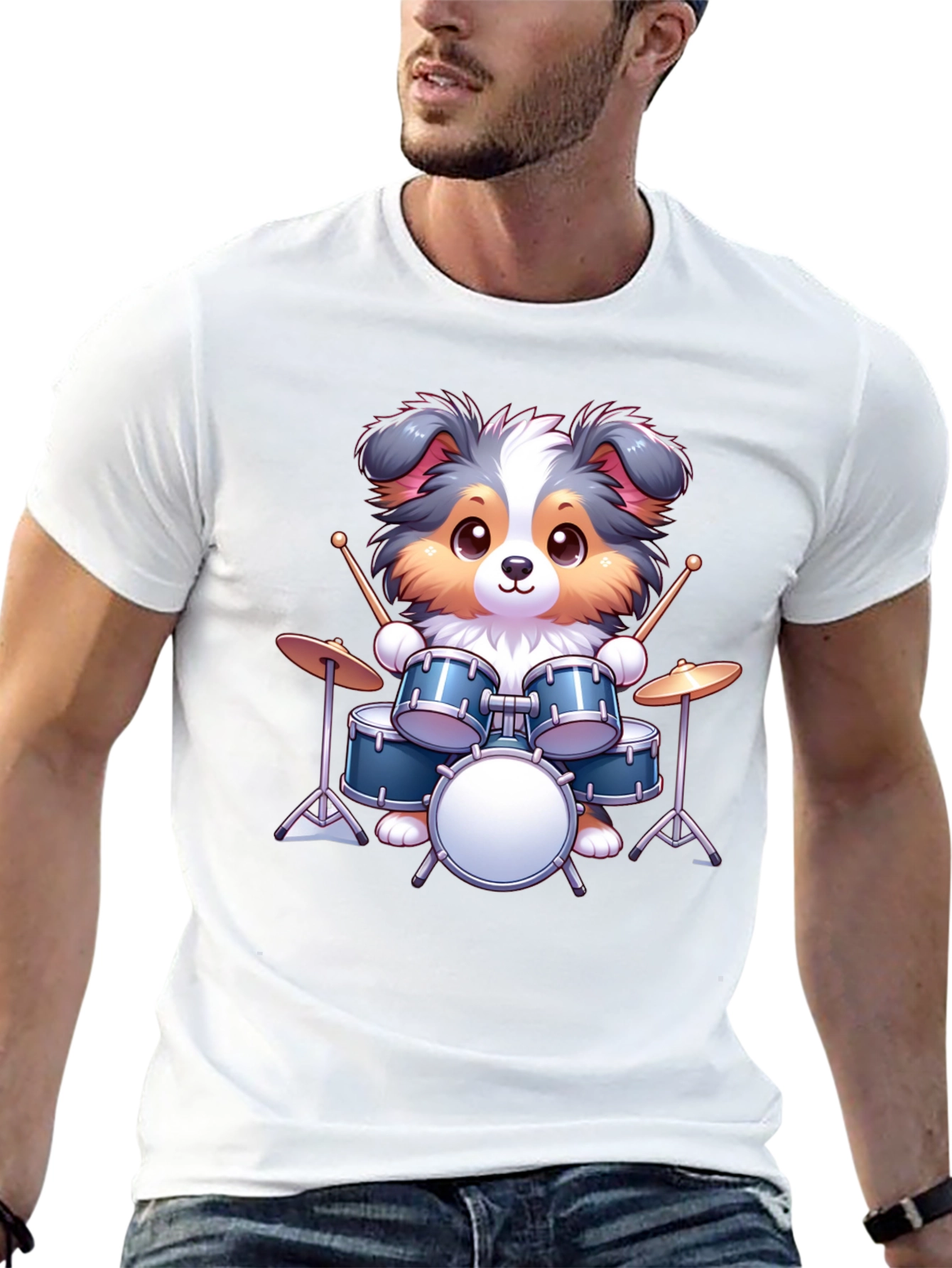 Dog Drummer Graphic Tee - Cute Animal Music Shirt