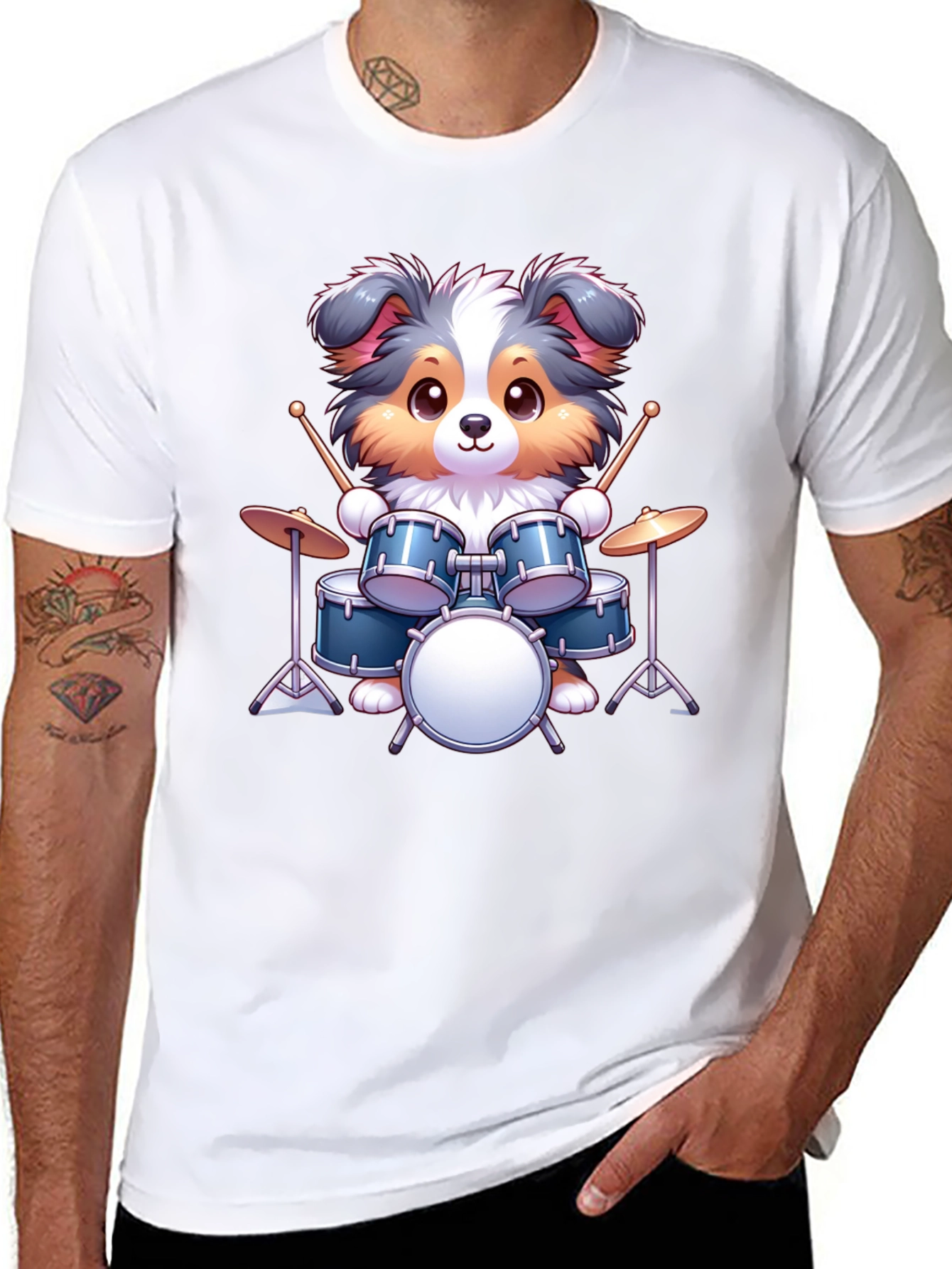 Dog Drummer Graphic Tee - Cute Animal Music Shirt