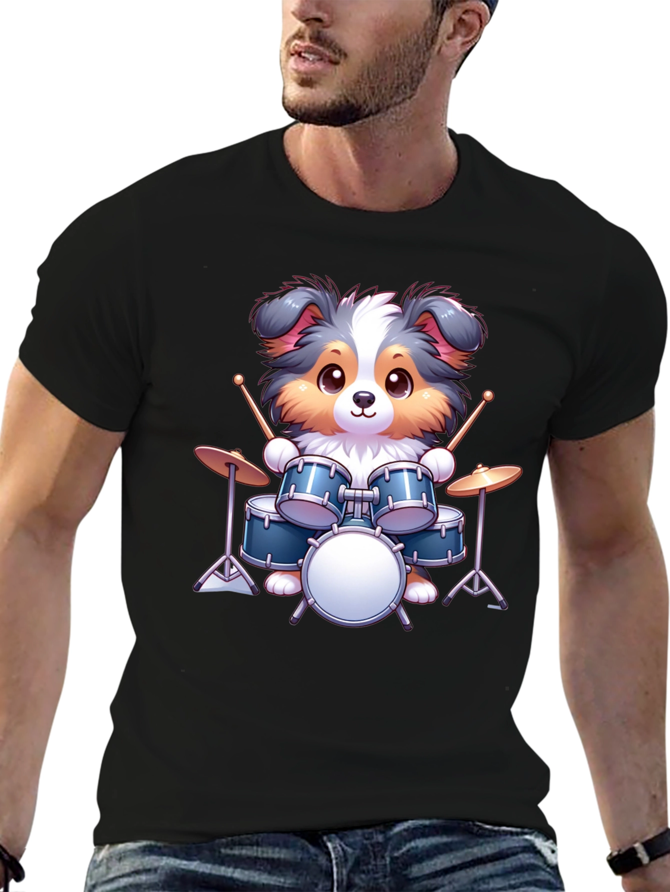 Dog Drummer Graphic Tee - Cute Animal Music Shirt