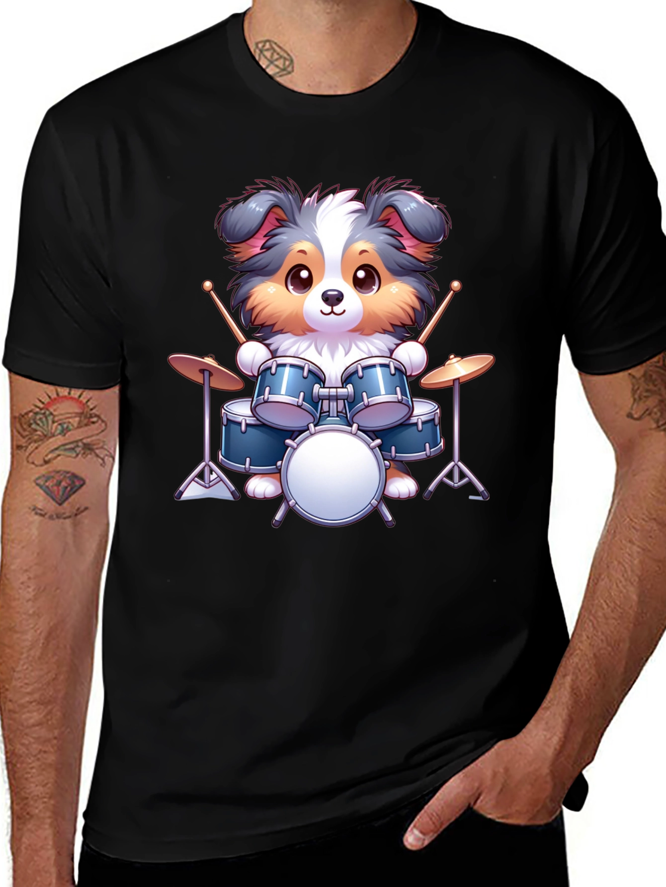 Dog Drummer Graphic Tee - Cute Animal Music Shirt