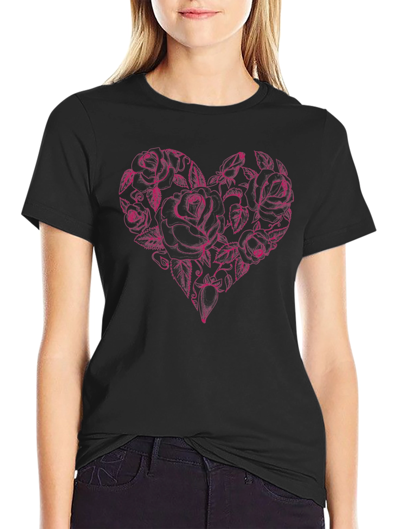 Rose Heart Graphic Tee - Black Cotton