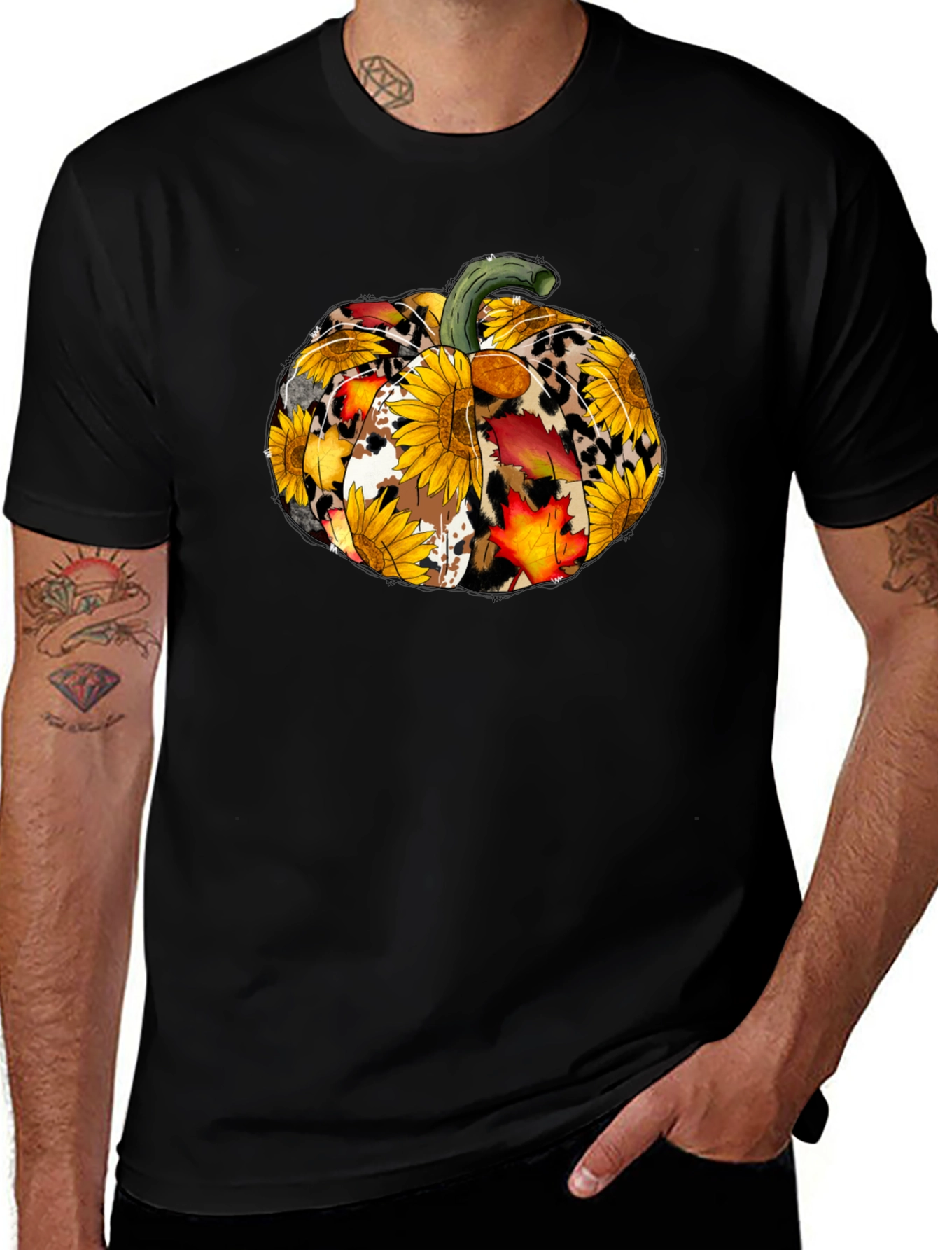 Fall Pumpkin T-Shirt: Sunflower Leopard & Autumn Leaves Design