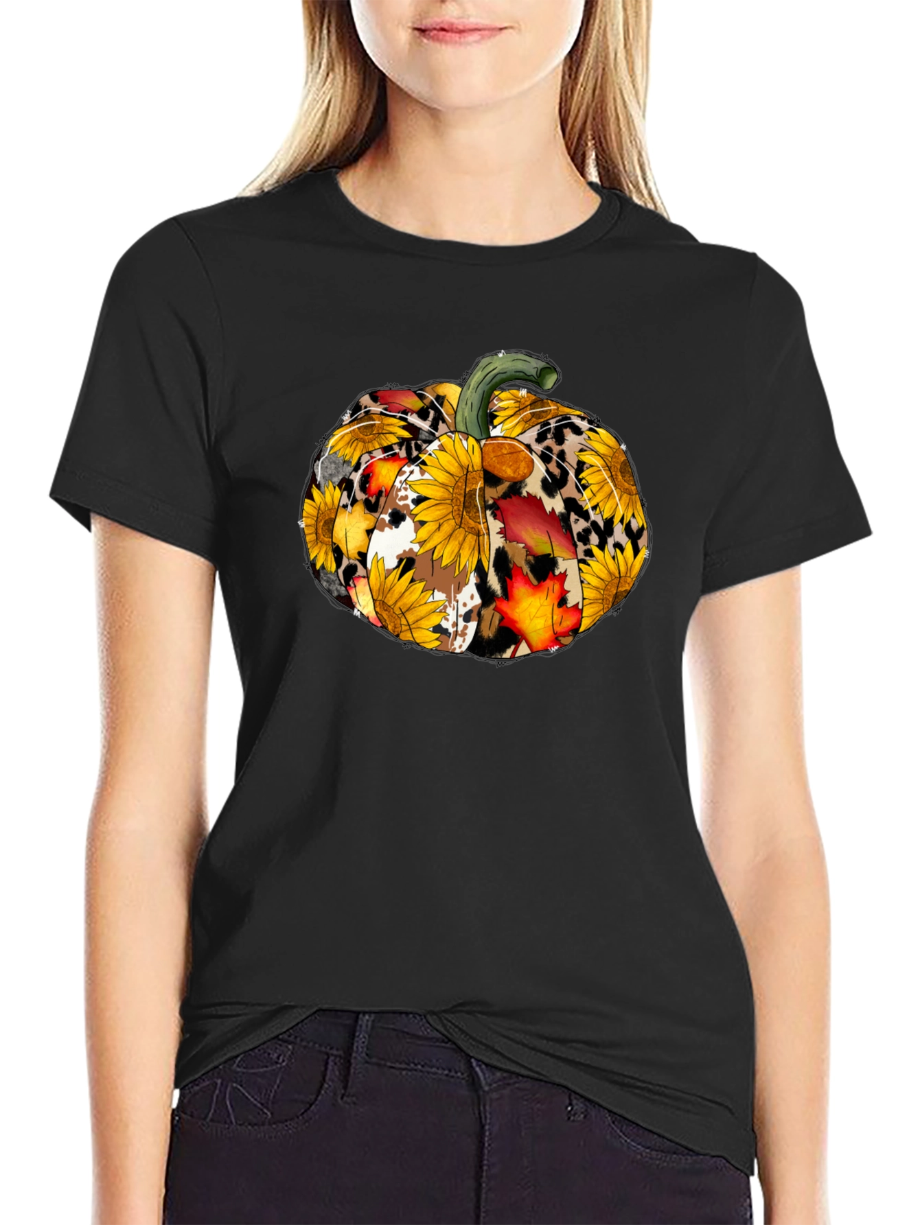 Fall Pumpkin T-Shirt: Sunflower Leopard & Autumn Leaves Design