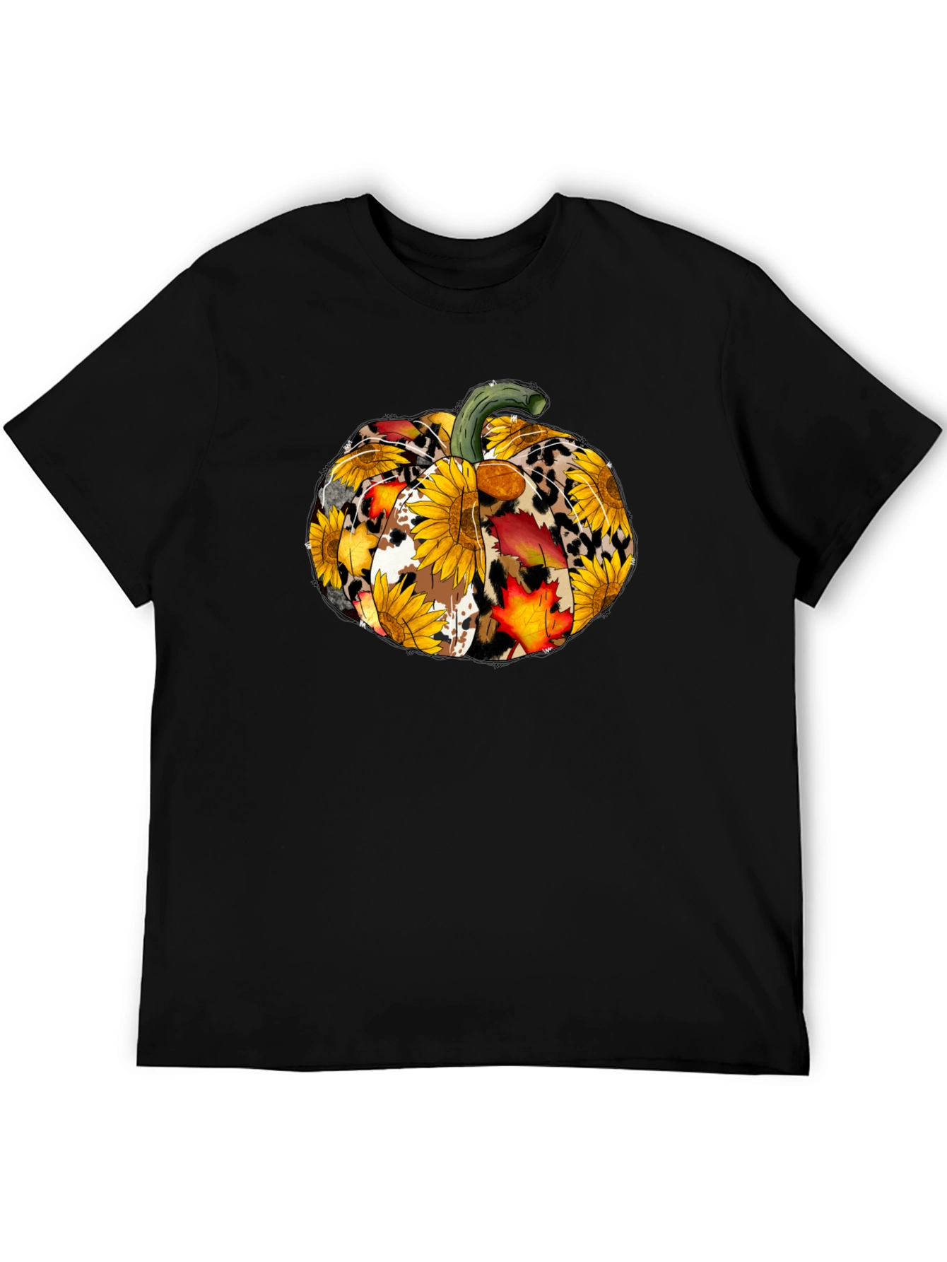 Fall Pumpkin T-Shirt: Sunflower Leopard & Autumn Leaves Design