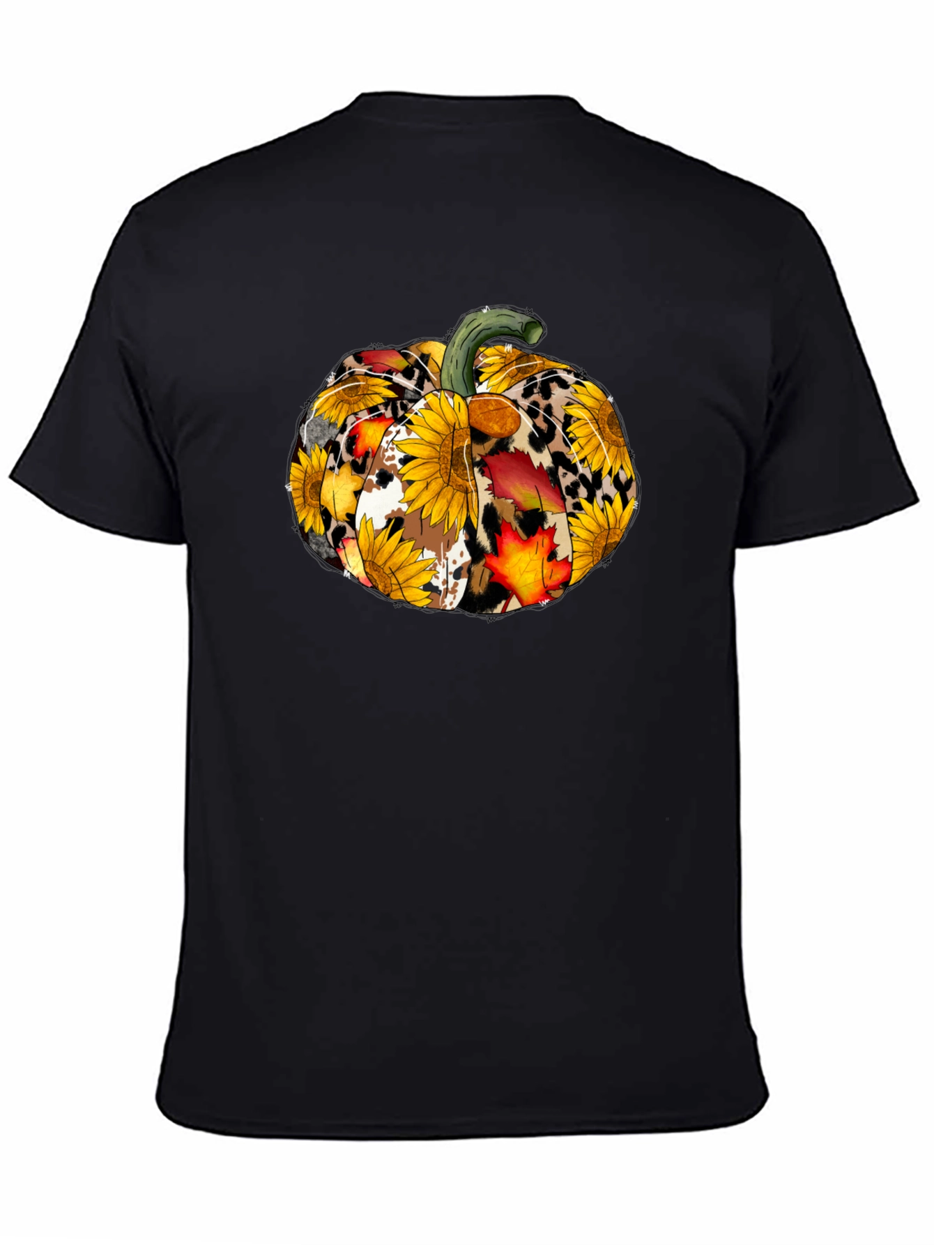 Fall Pumpkin T-Shirt: Sunflower Leopard & Autumn Leaves Design