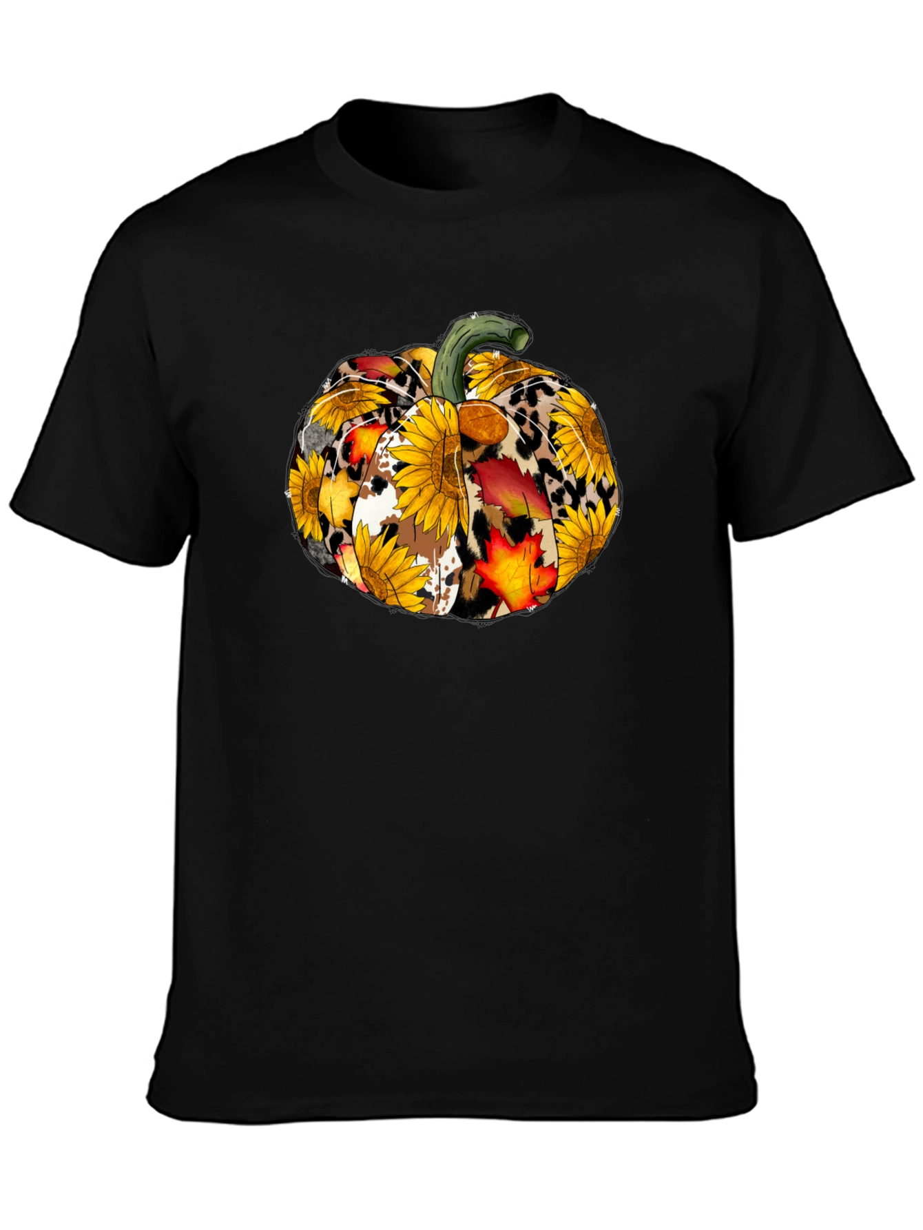 Fall Pumpkin T-Shirt: Sunflower Leopard & Autumn Leaves Design