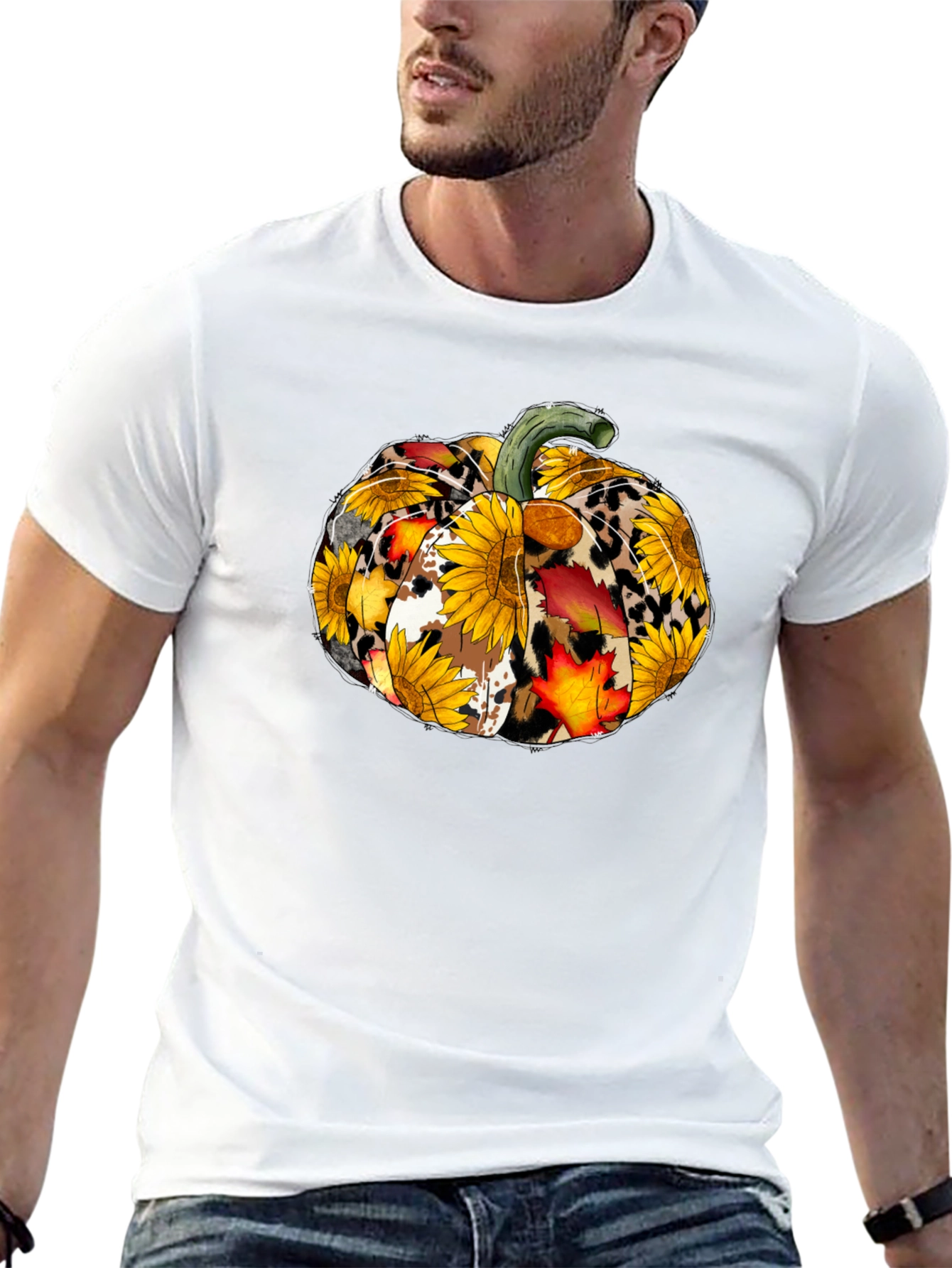 Fall Pumpkin T-Shirt: Sunflower Leopard & Autumn Leaves Design