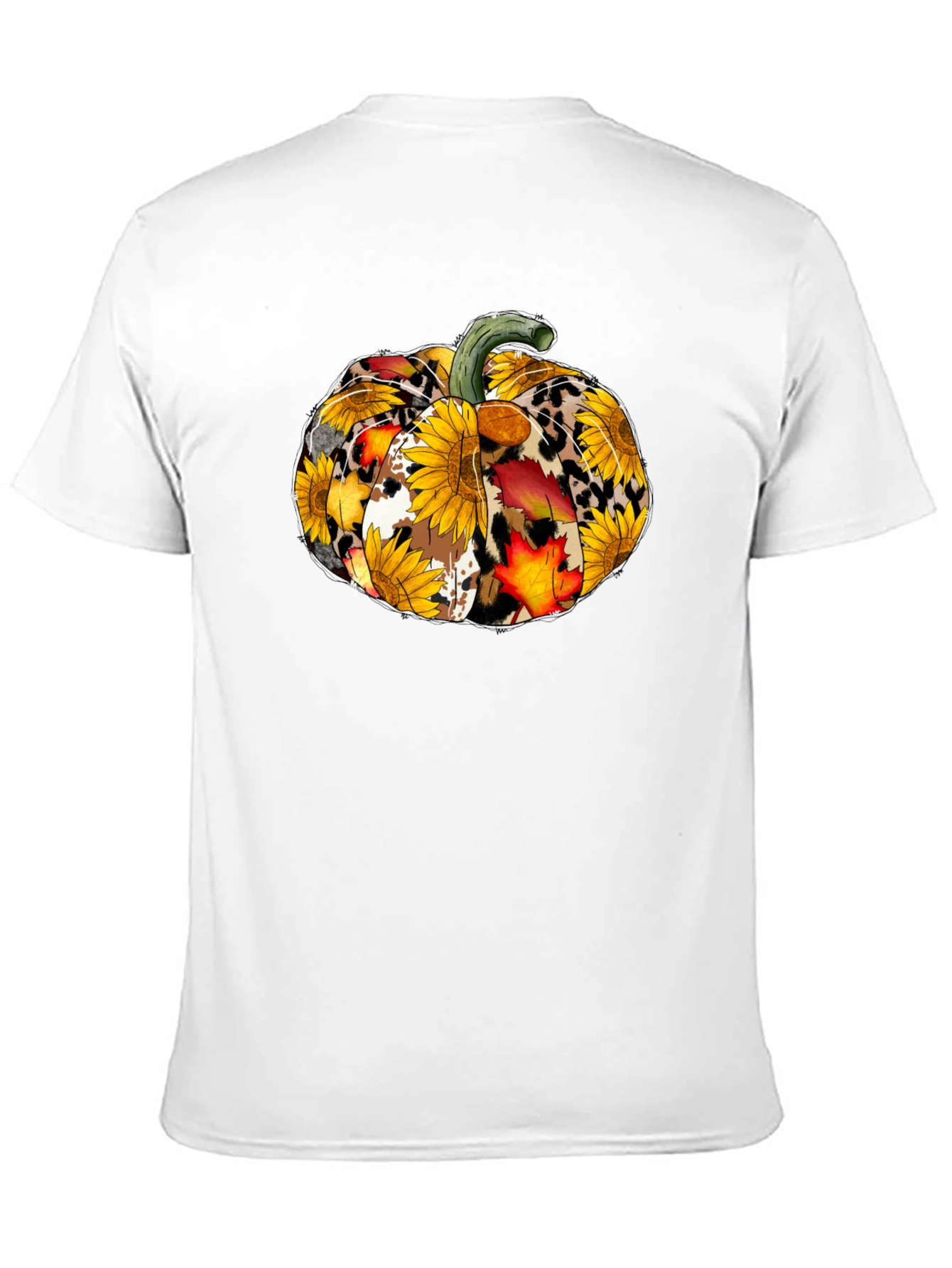 Fall Pumpkin T-Shirt: Sunflower Leopard & Autumn Leaves Design