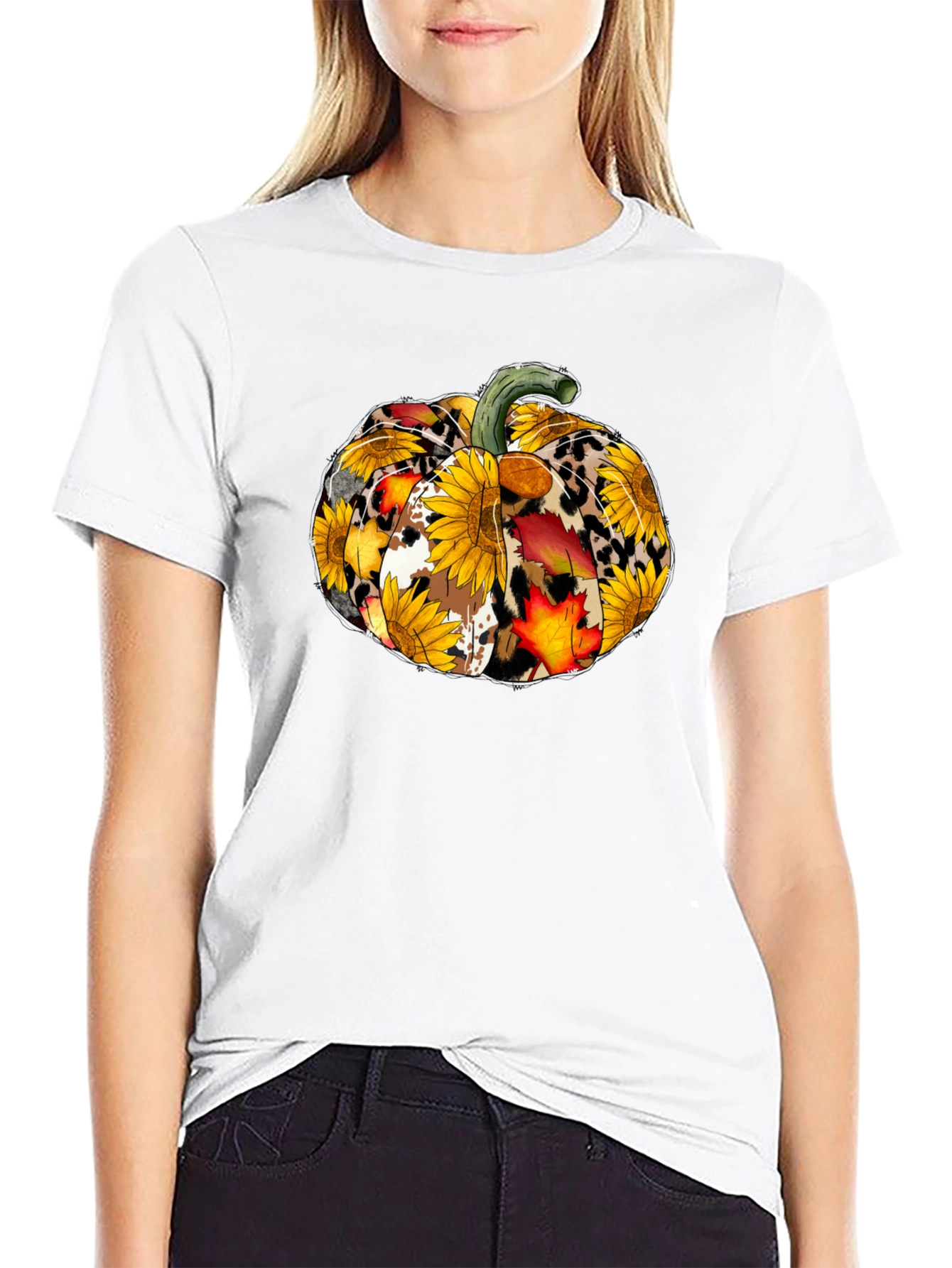 Fall Pumpkin T-Shirt: Sunflower Leopard & Autumn Leaves Design