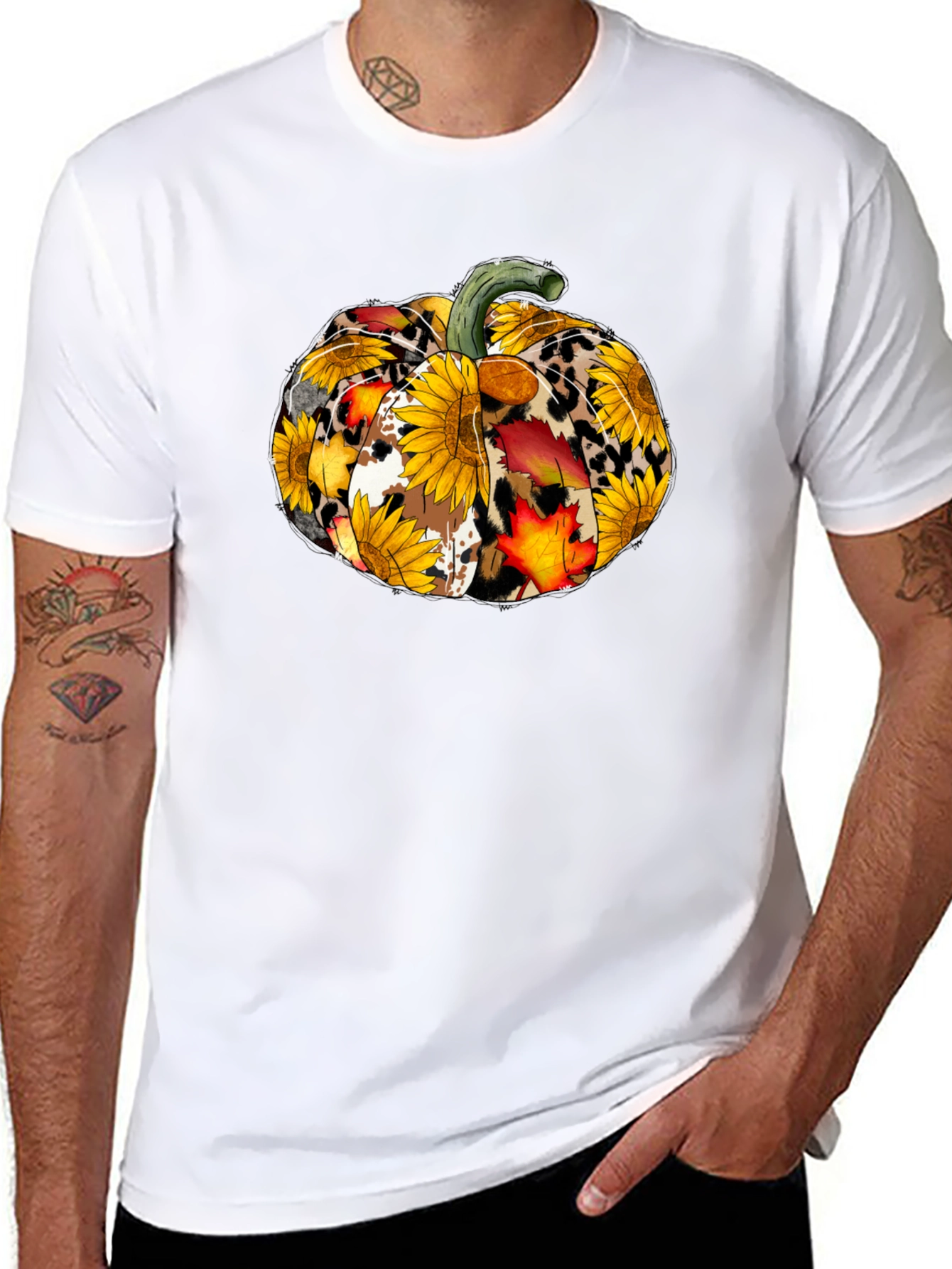 Fall Pumpkin T-Shirt: Sunflower Leopard & Autumn Leaves Design