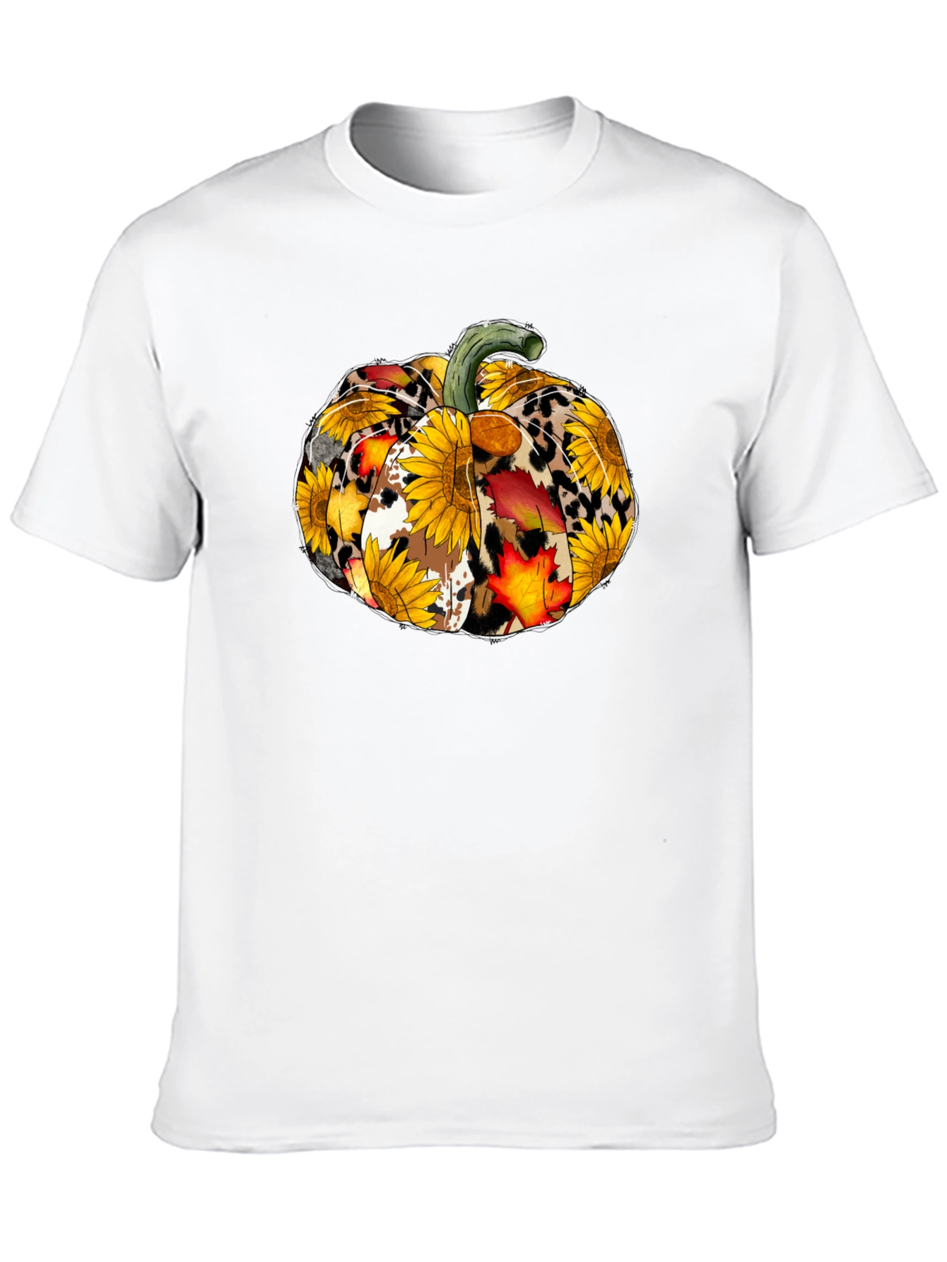 Fall Pumpkin T-Shirt: Sunflower Leopard & Autumn Leaves Design