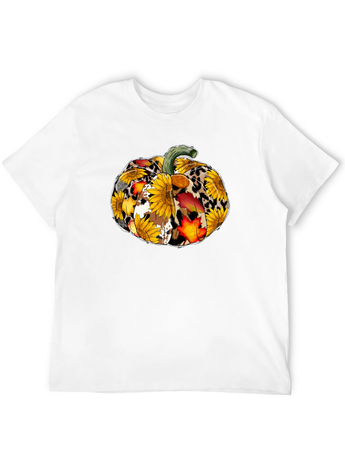 Fall Pumpkin T-Shirt: Sunflower Leopard & Autumn Leaves Design