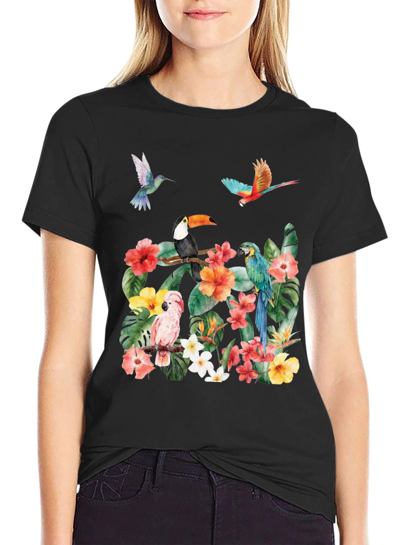 Tropical Bird & Floral Print T-Shirt