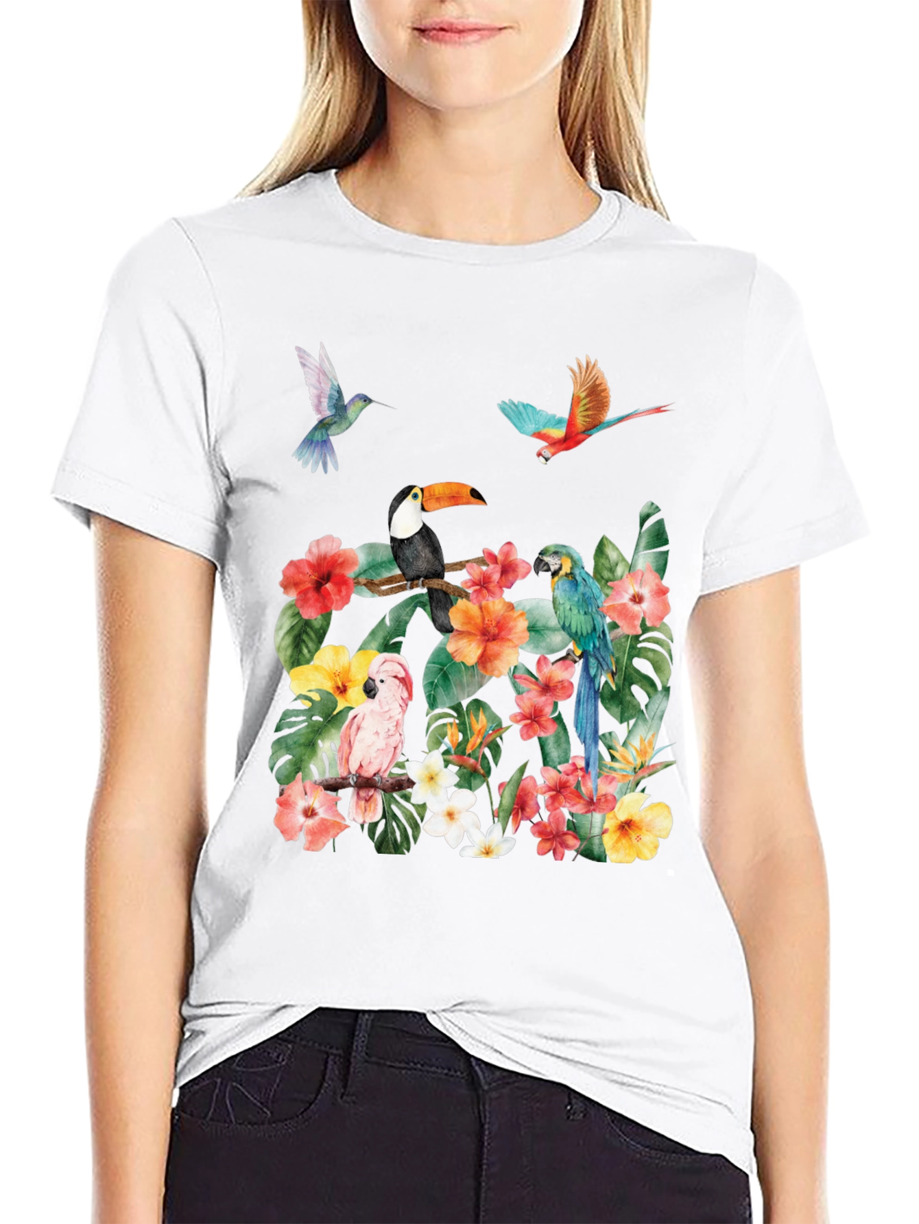 Tropical Bird & Floral Print T-Shirt