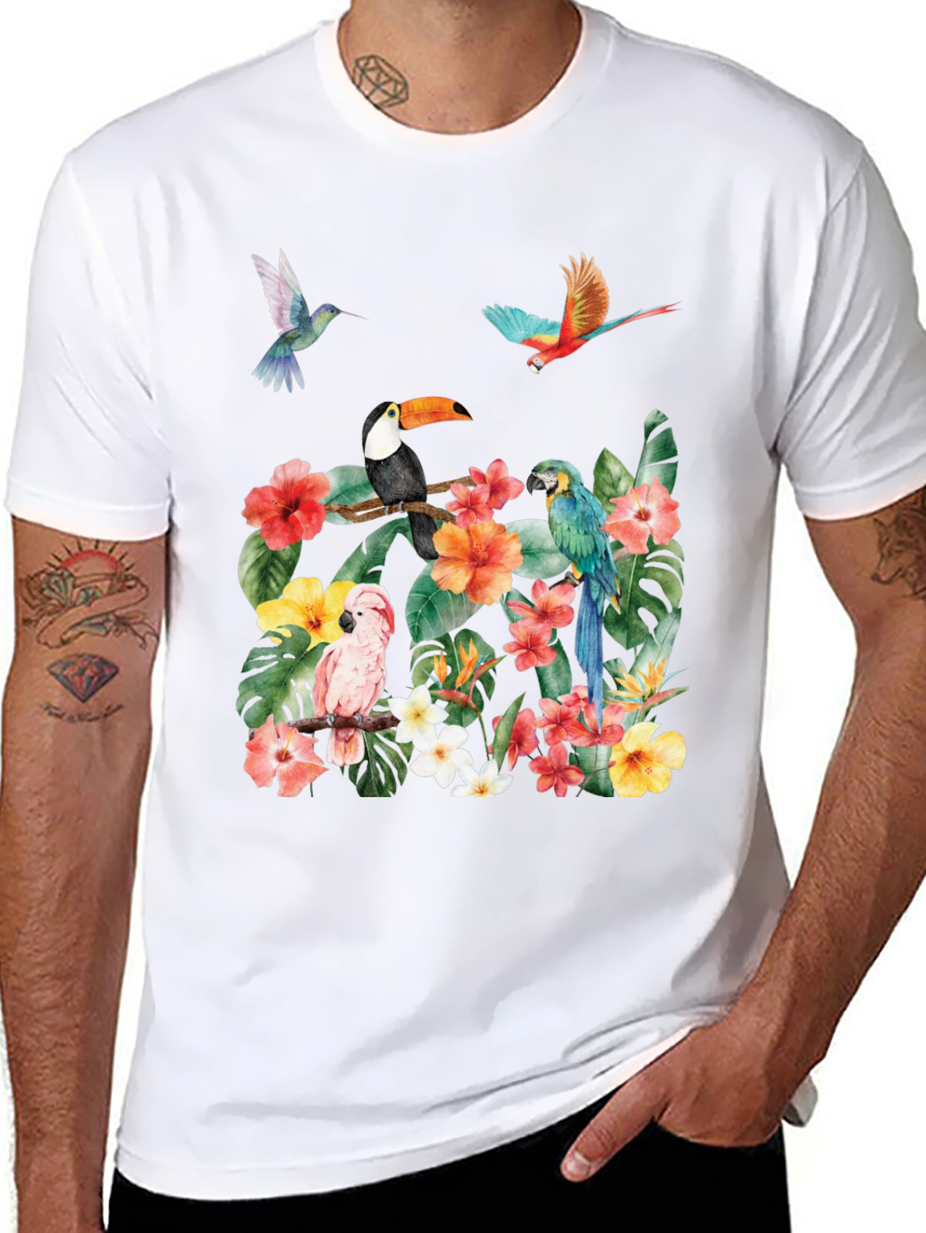 Tropical Bird & Floral Print T-Shirt
