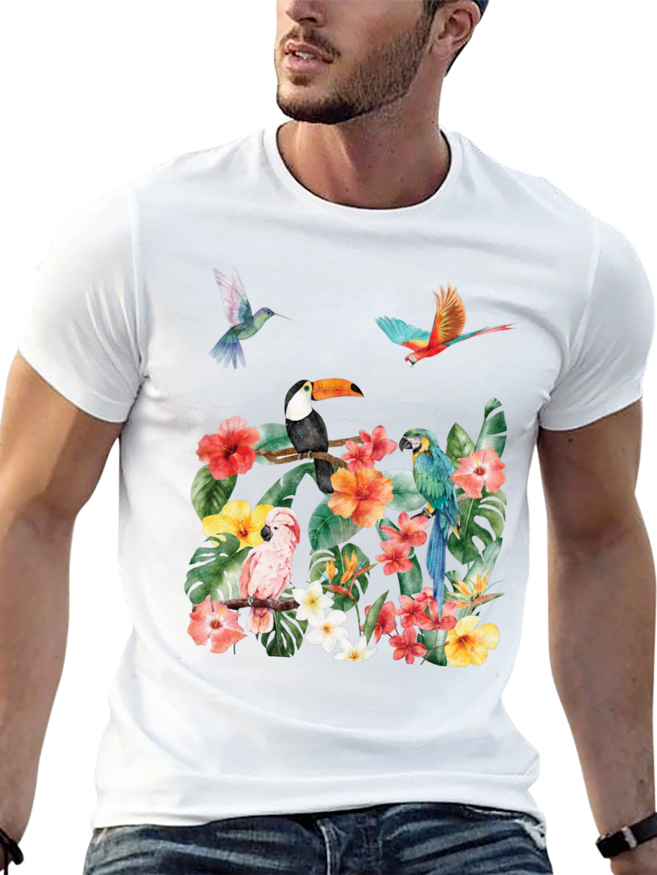 Tropical Bird & Floral Print T-Shirt