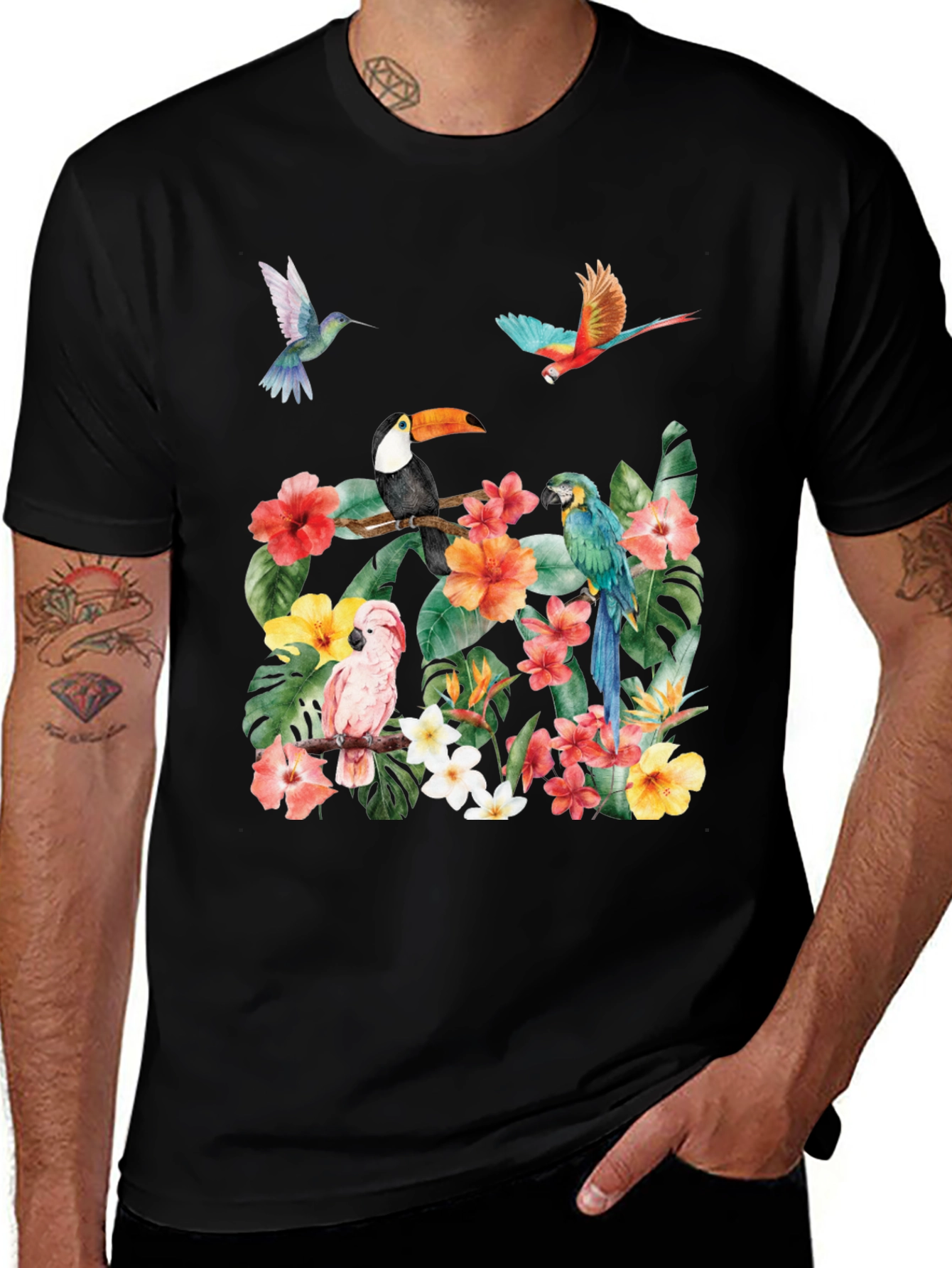 Tropical Bird & Floral Print T-Shirt