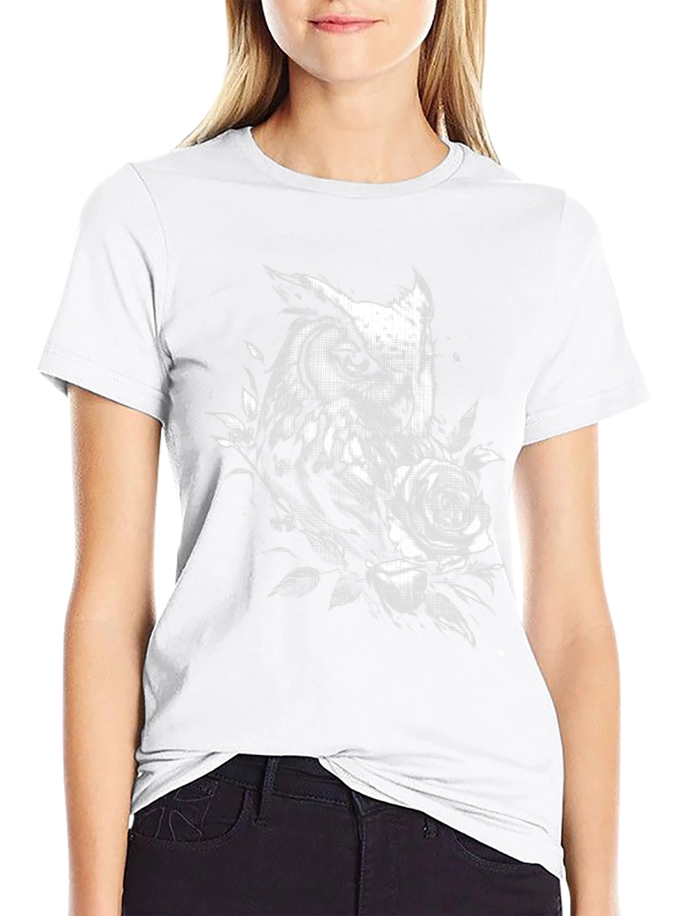 Owl and Rose Graphic T-Shirt - Black