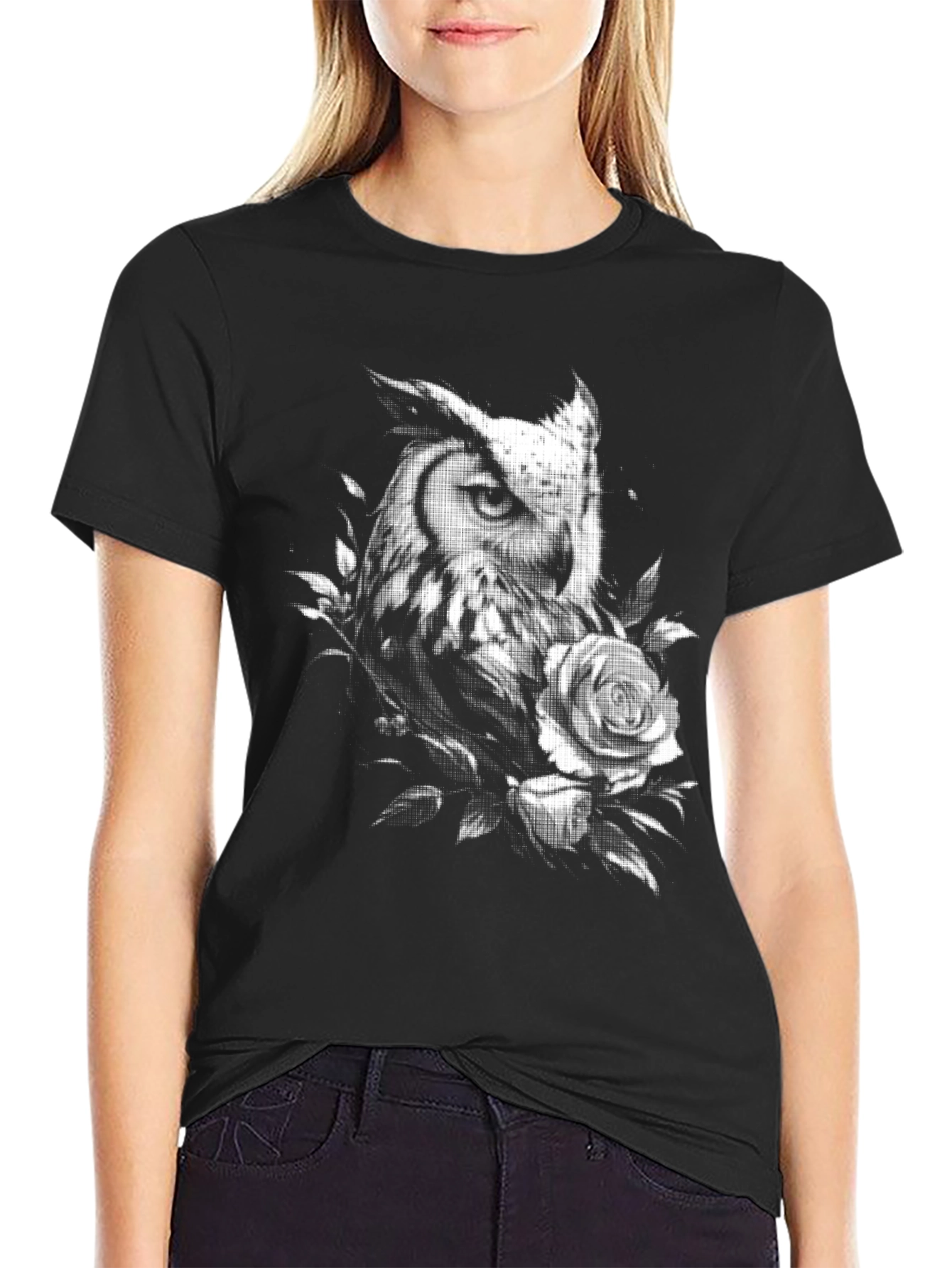 Owl and Rose Graphic T-Shirt - Black