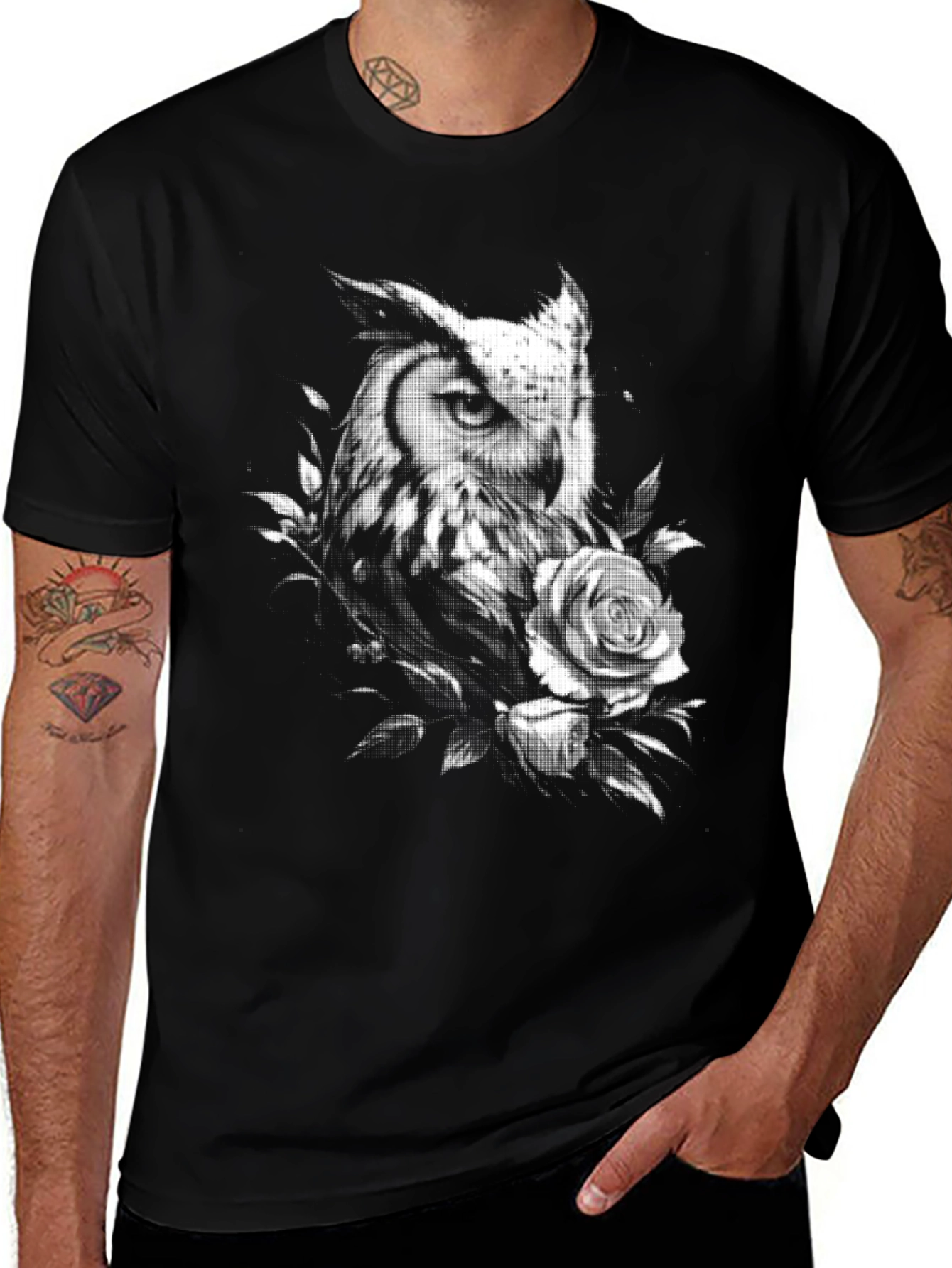 Owl and Rose Graphic T-Shirt - Black