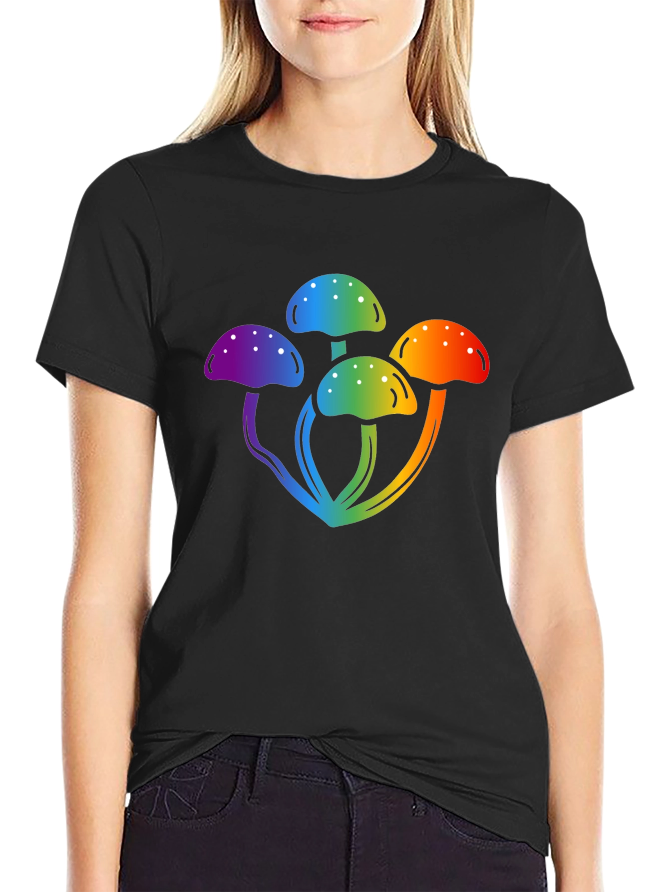 Rainbow Mushroom Graphic Black T-Shirt