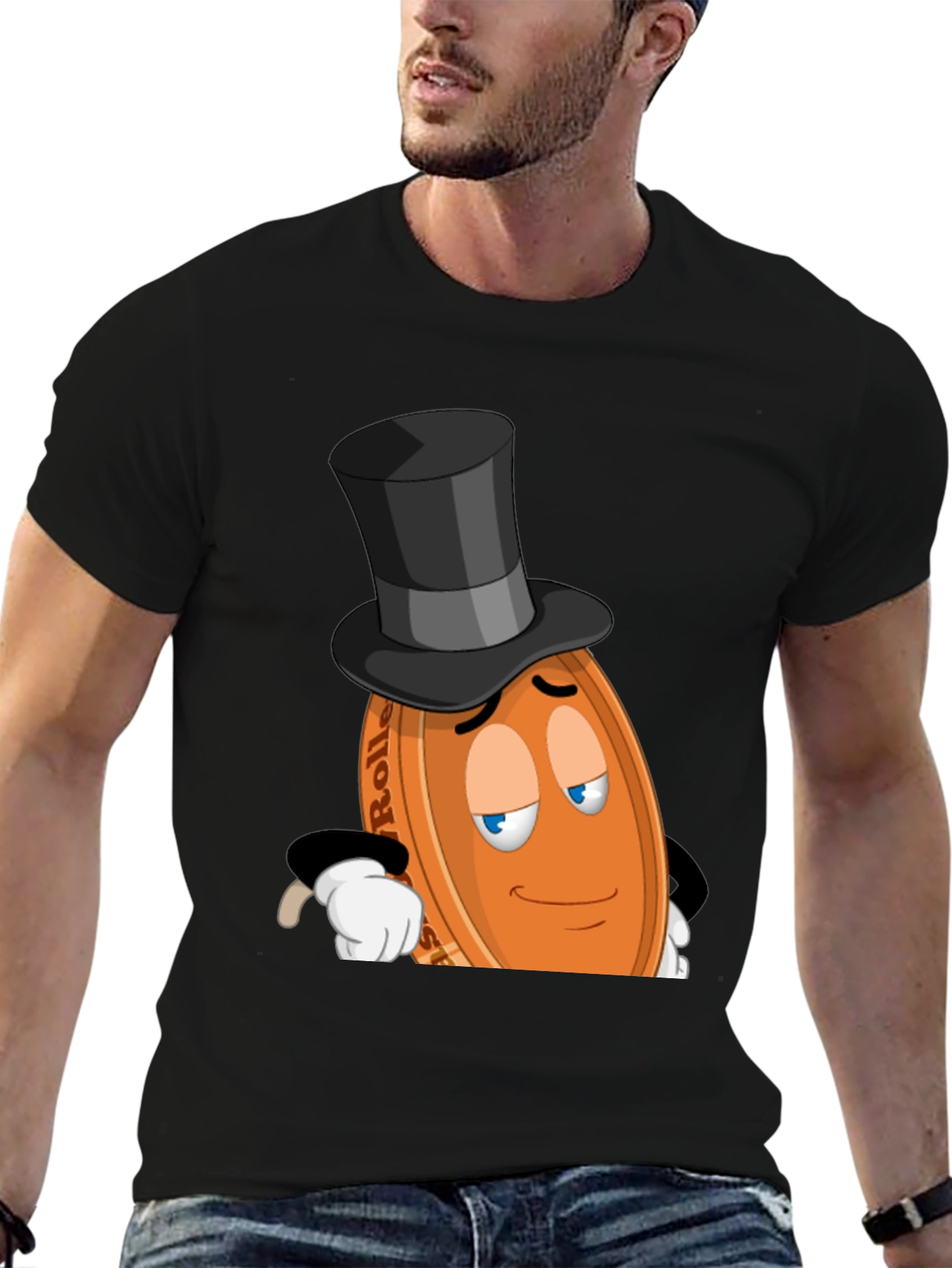 Whimsical Coin Character Graphic Tee - Black