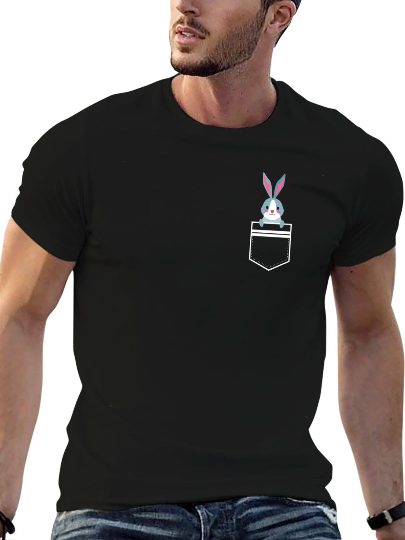 Cute Rabbit Pocket T-Shirt - Black