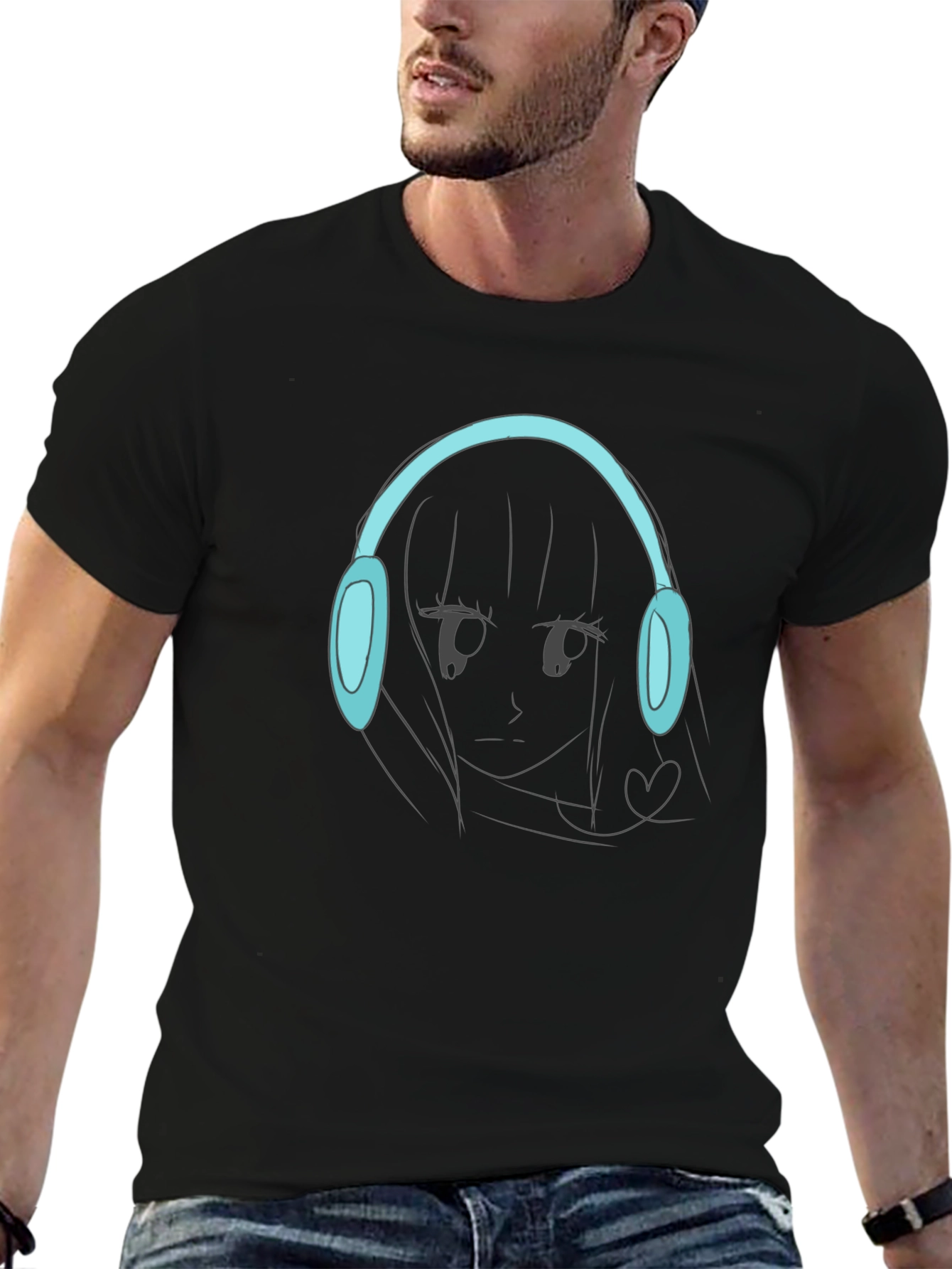 Anime Girl Headphones Graphic Black T-Shirt