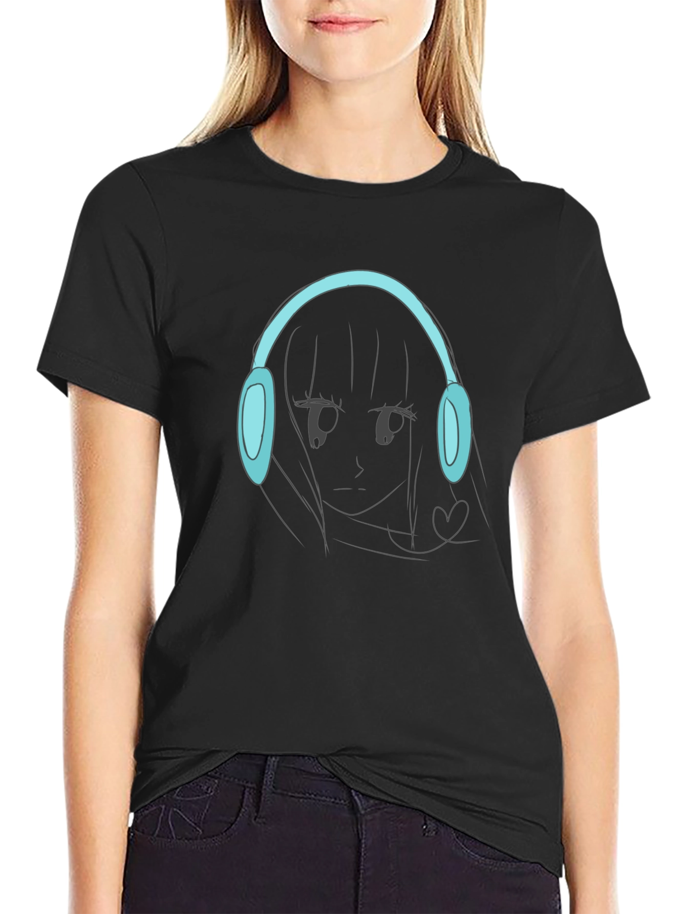 Anime Girl Headphones Graphic Black T-Shirt
