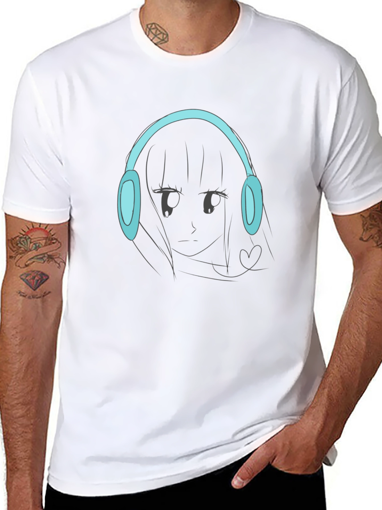 Anime Girl Headphones Graphic Black T-Shirt