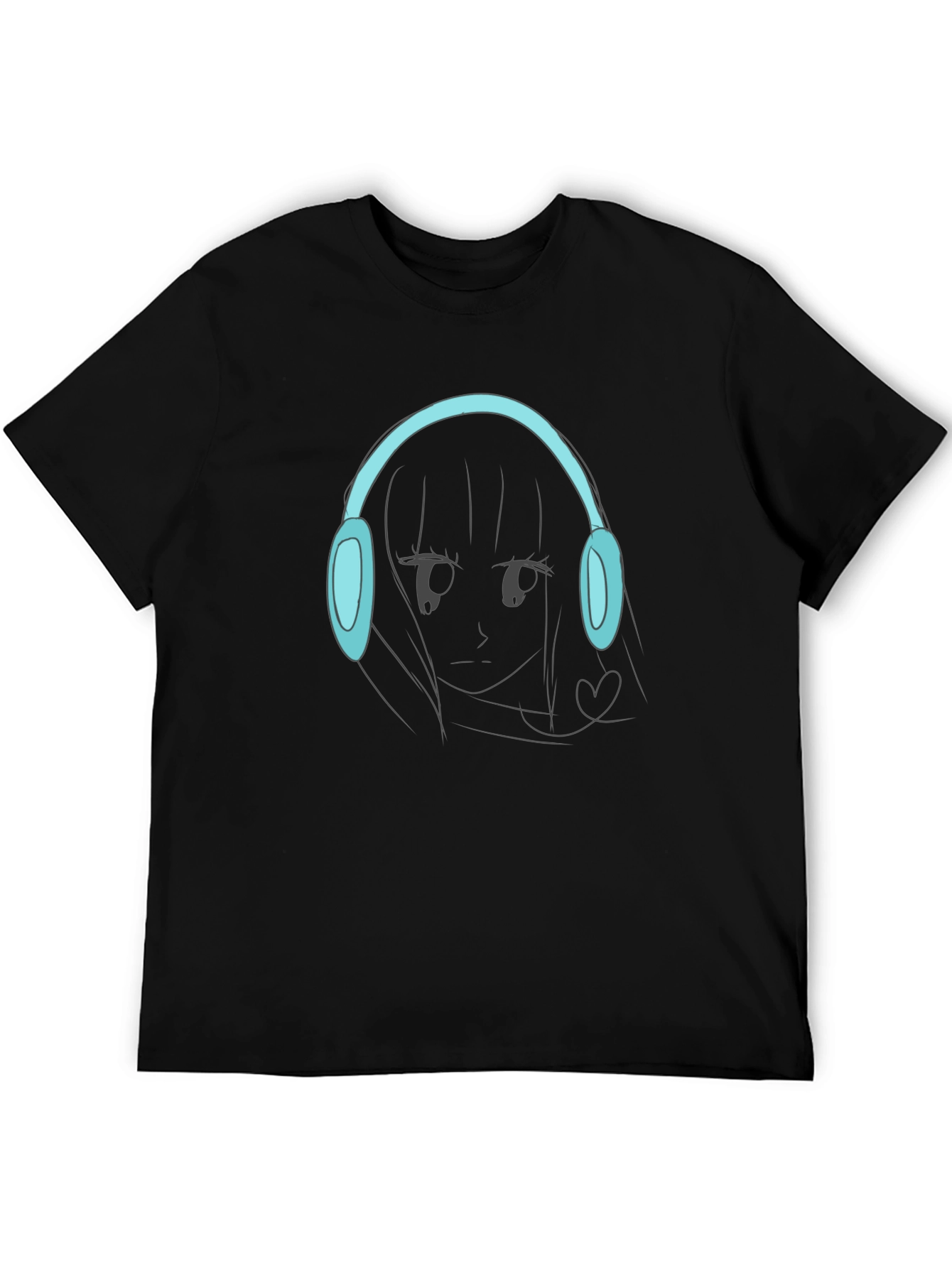 Anime Girl Headphones Graphic Black T-Shirt