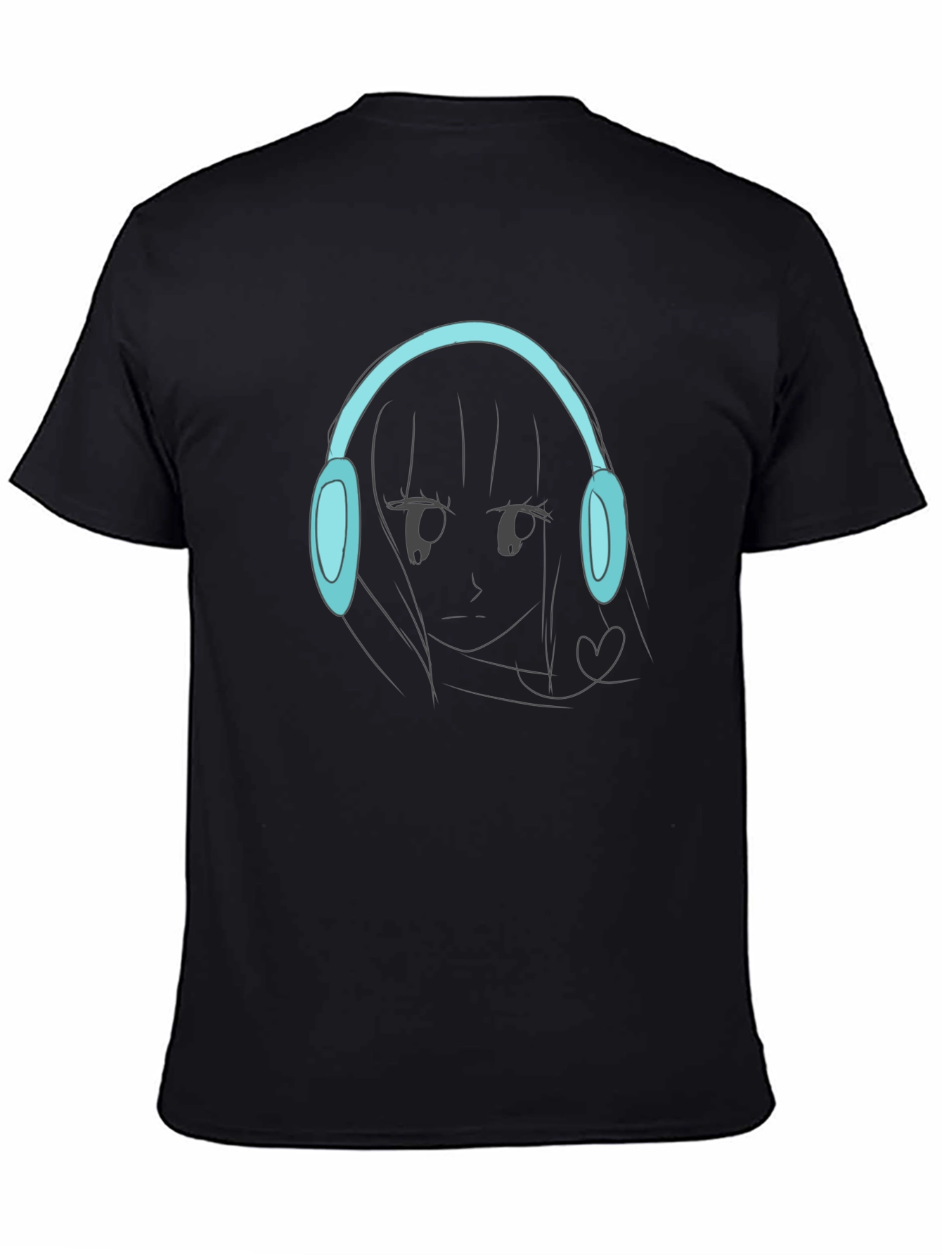 Anime Girl Headphones Graphic Black T-Shirt