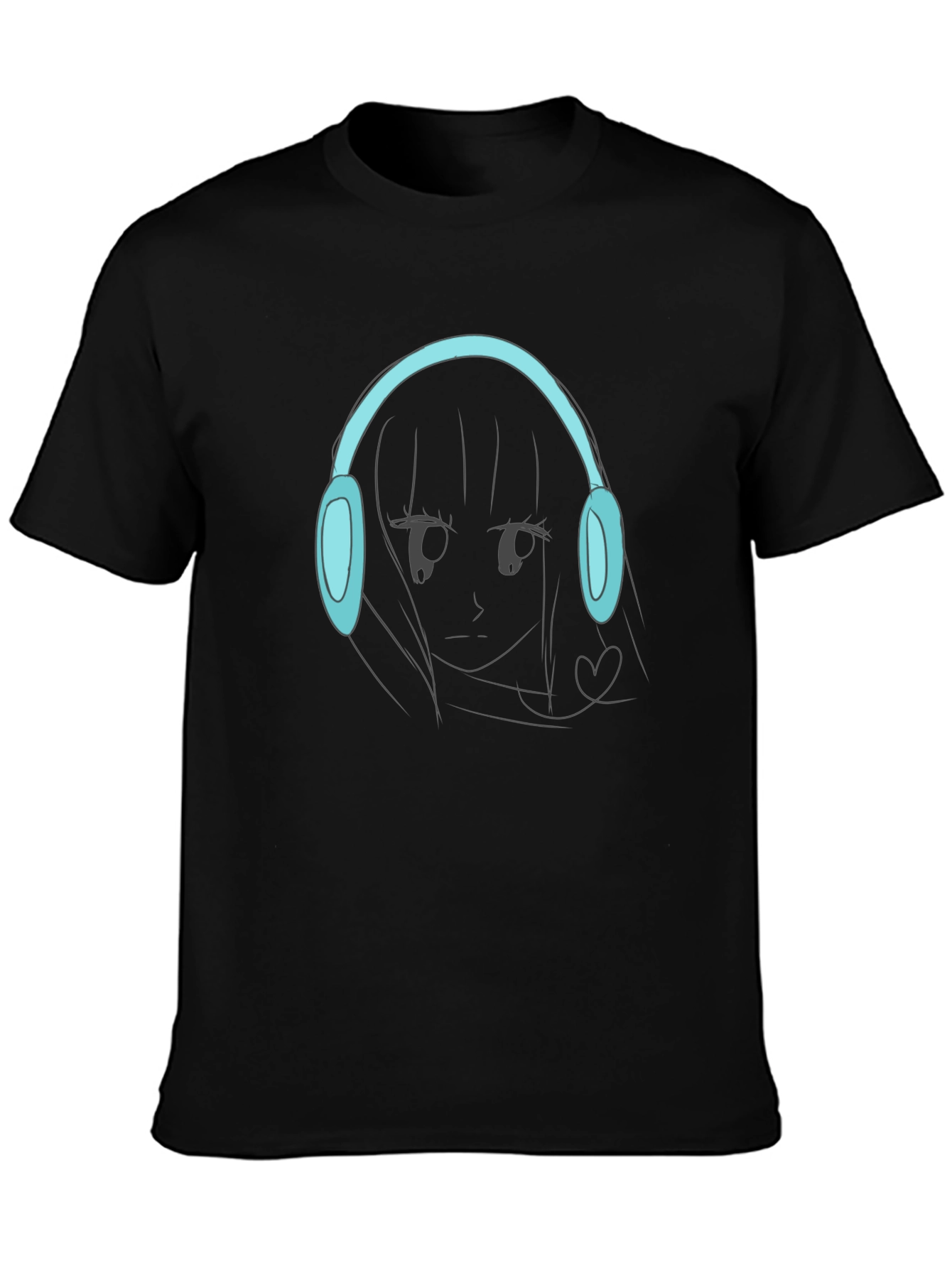 Anime Girl Headphones Graphic Black T-Shirt