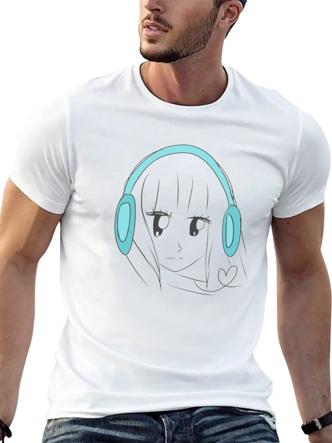 Anime Girl Headphones Graphic Black T-Shirt