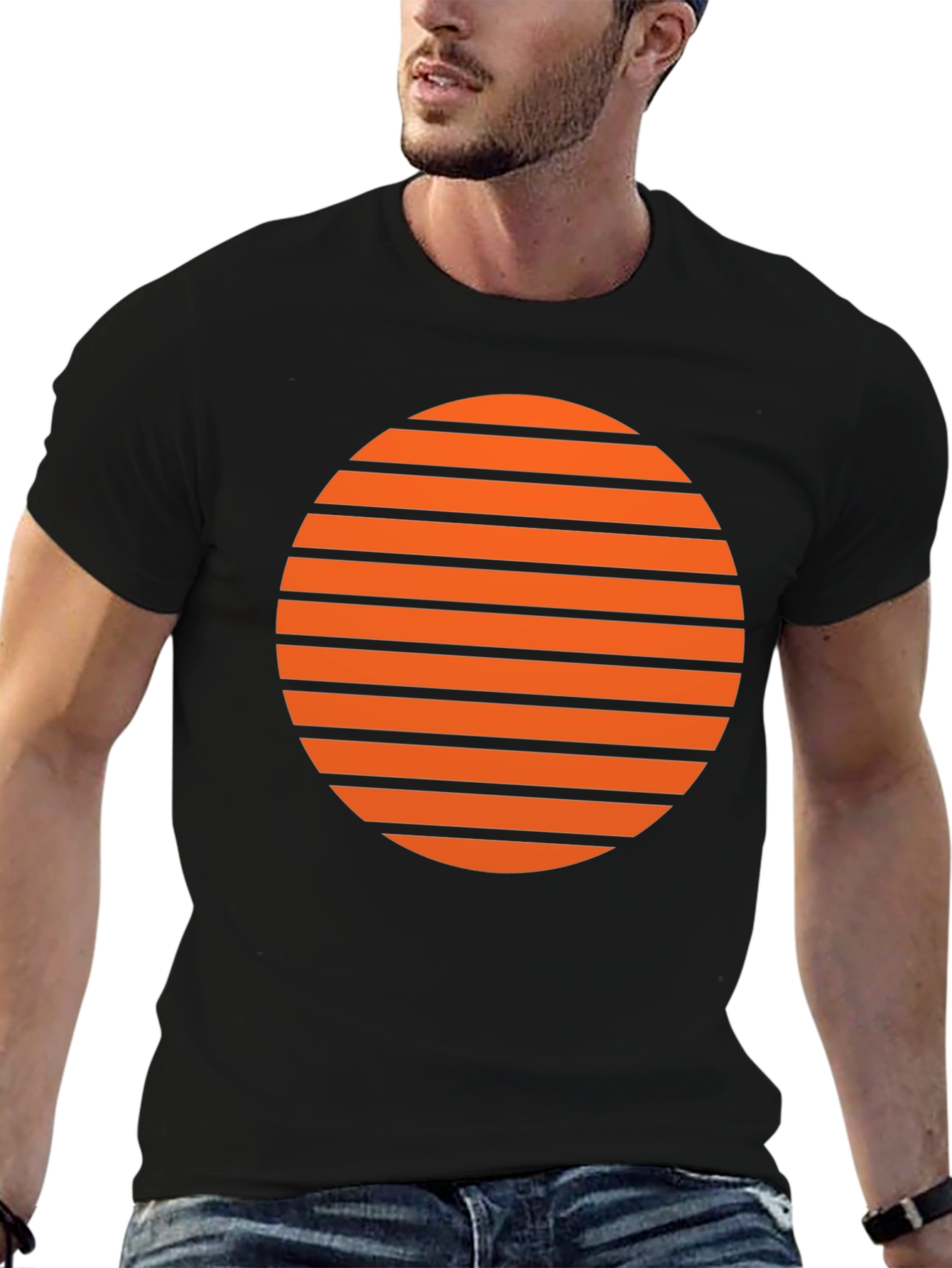 Retro Sunset Striped Graphic Tee - Soft Black Cotton