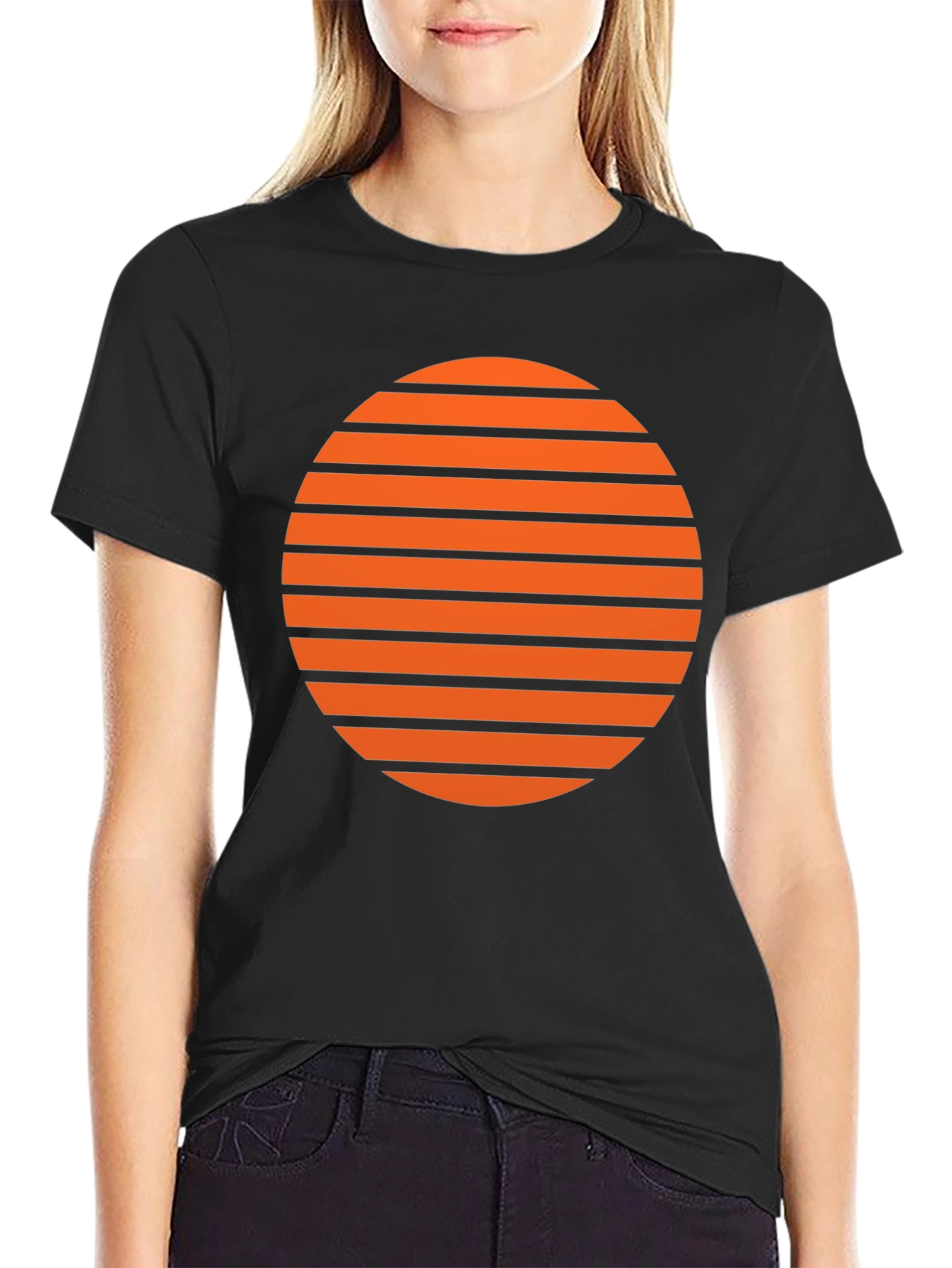 Retro Sunset Striped Graphic Tee - Soft Black Cotton