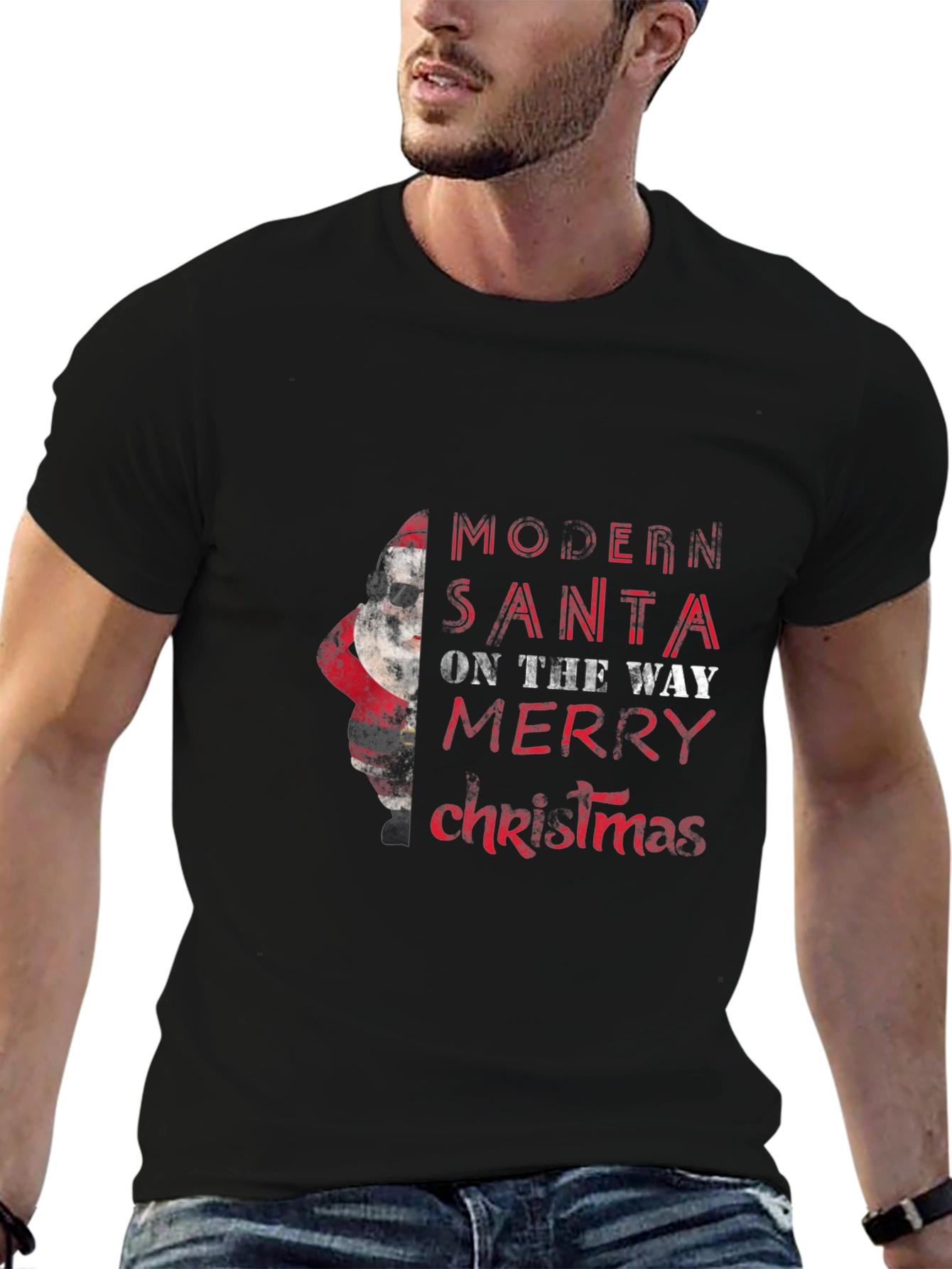 Modern Santa Merry Christmas Black Graphic Tee