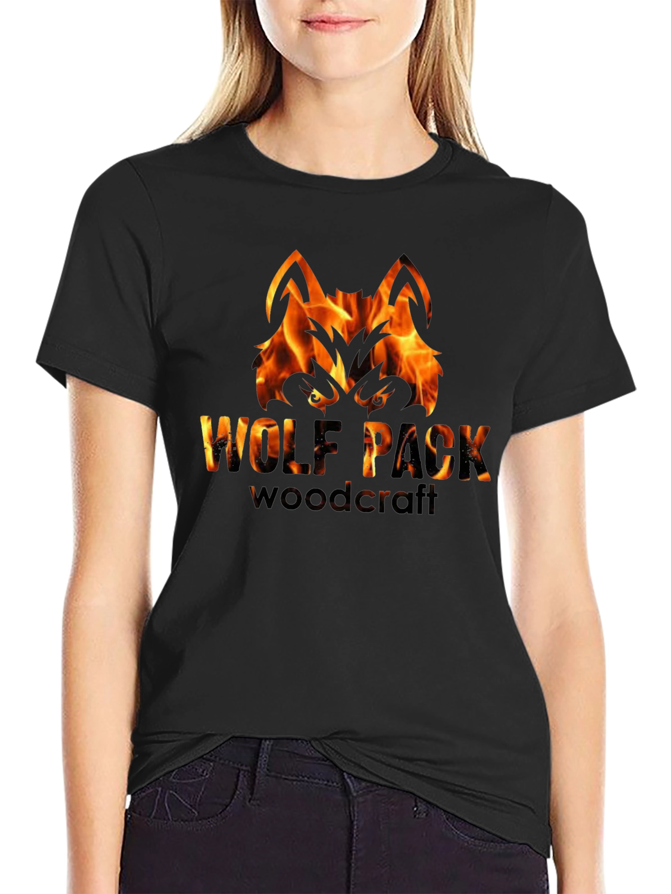 Fiery Wolf Pack Woodcraft Graphic Tee - Black