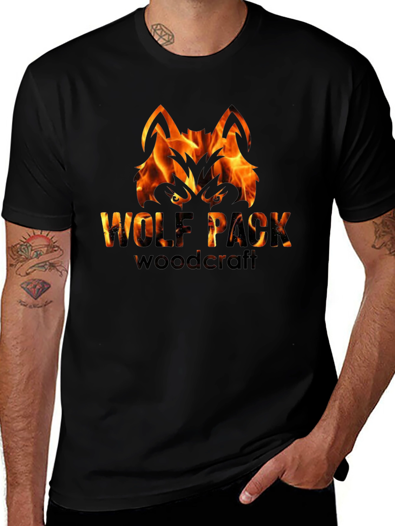 Fiery Wolf Pack Woodcraft Graphic Tee - Black