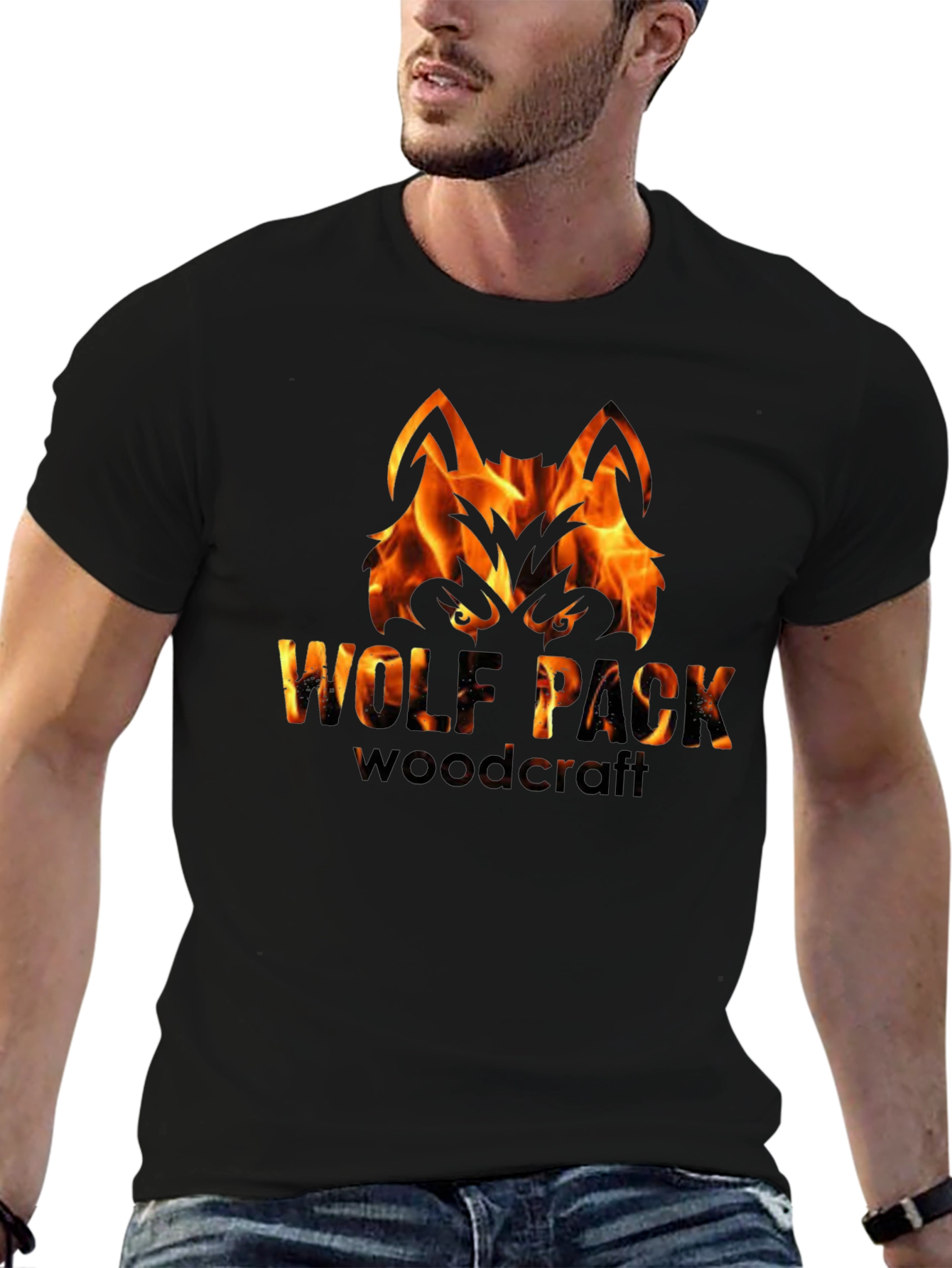 Fiery Wolf Pack Woodcraft Graphic Tee - Black