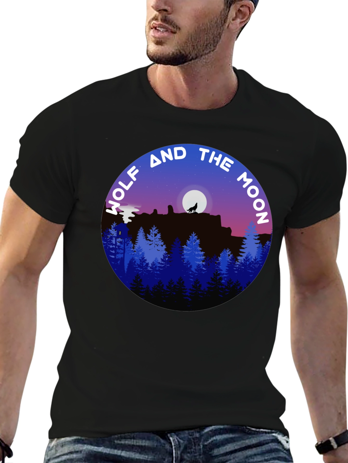 Wolf and Moon Graphic Tee - Black Cotton Shirt