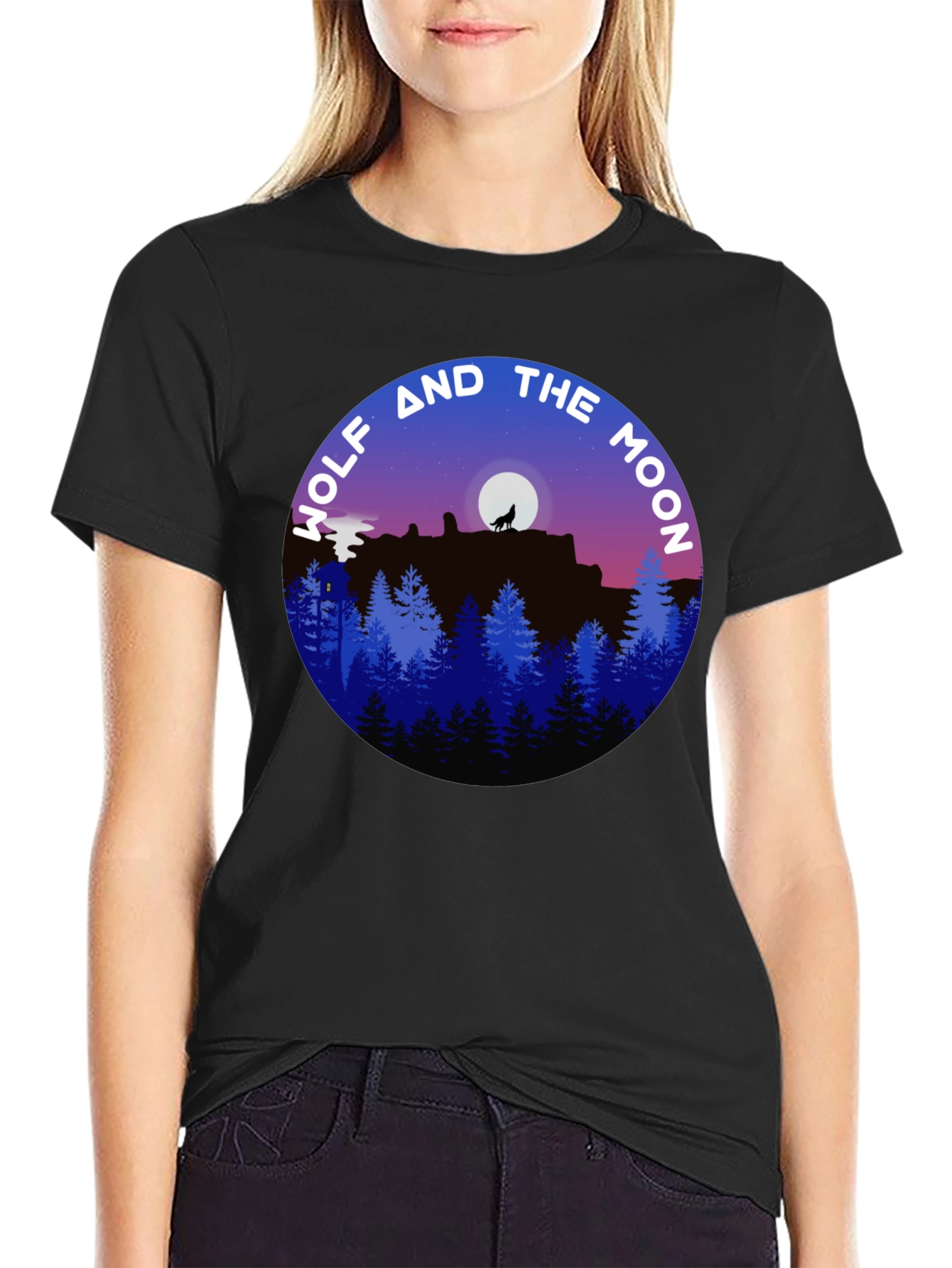 Wolf and Moon Graphic Tee - Black Cotton Shirt