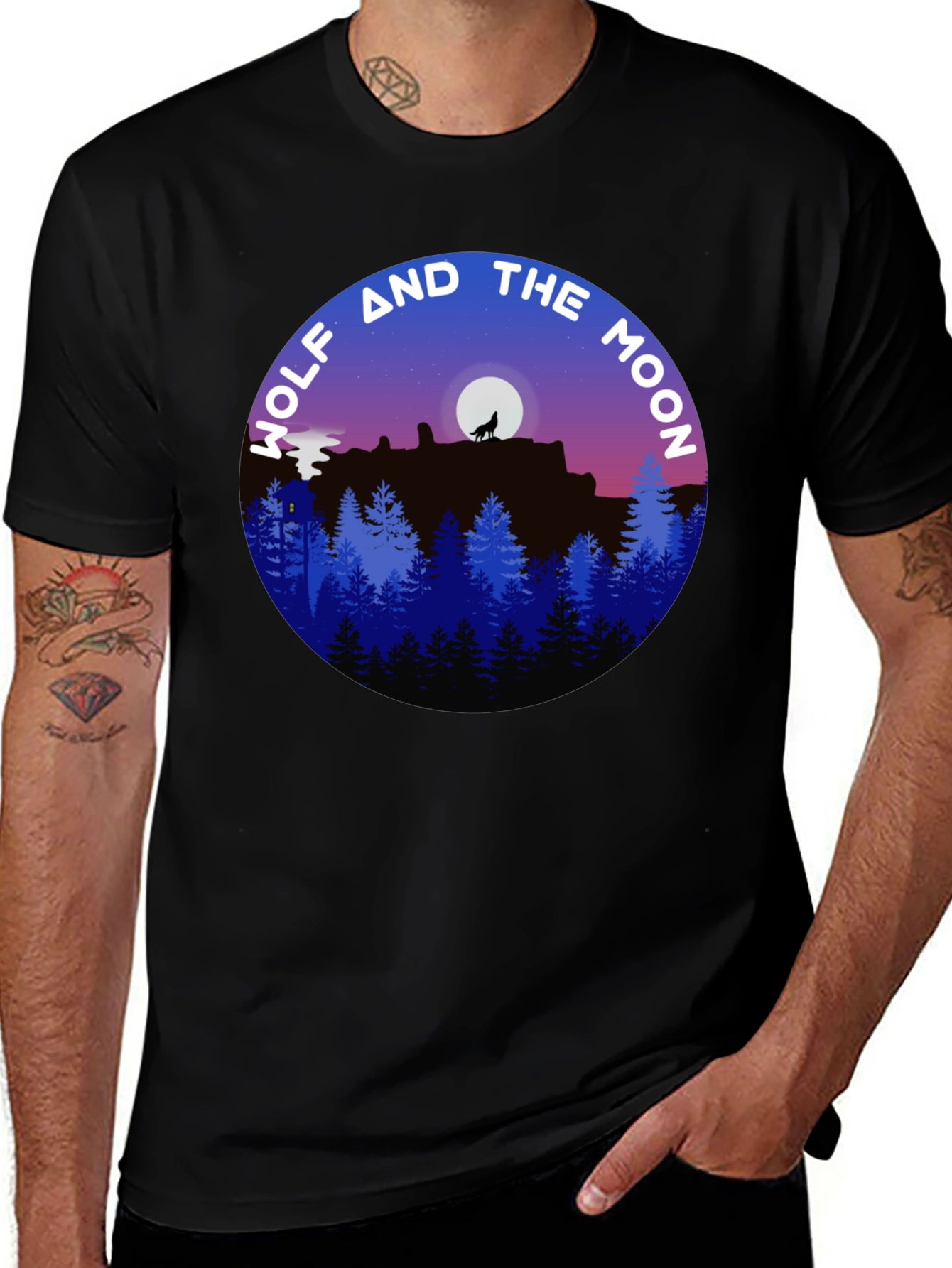 Wolf and Moon Graphic Tee - Black Cotton Shirt