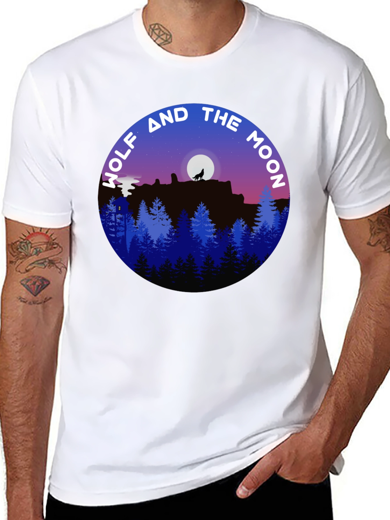 Wolf and Moon Graphic Tee - Black Cotton Shirt