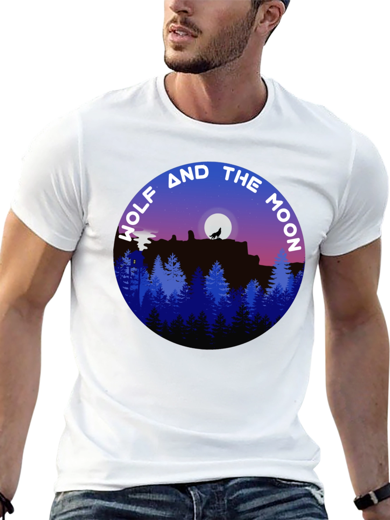 Wolf and Moon Graphic Tee - Black Cotton Shirt